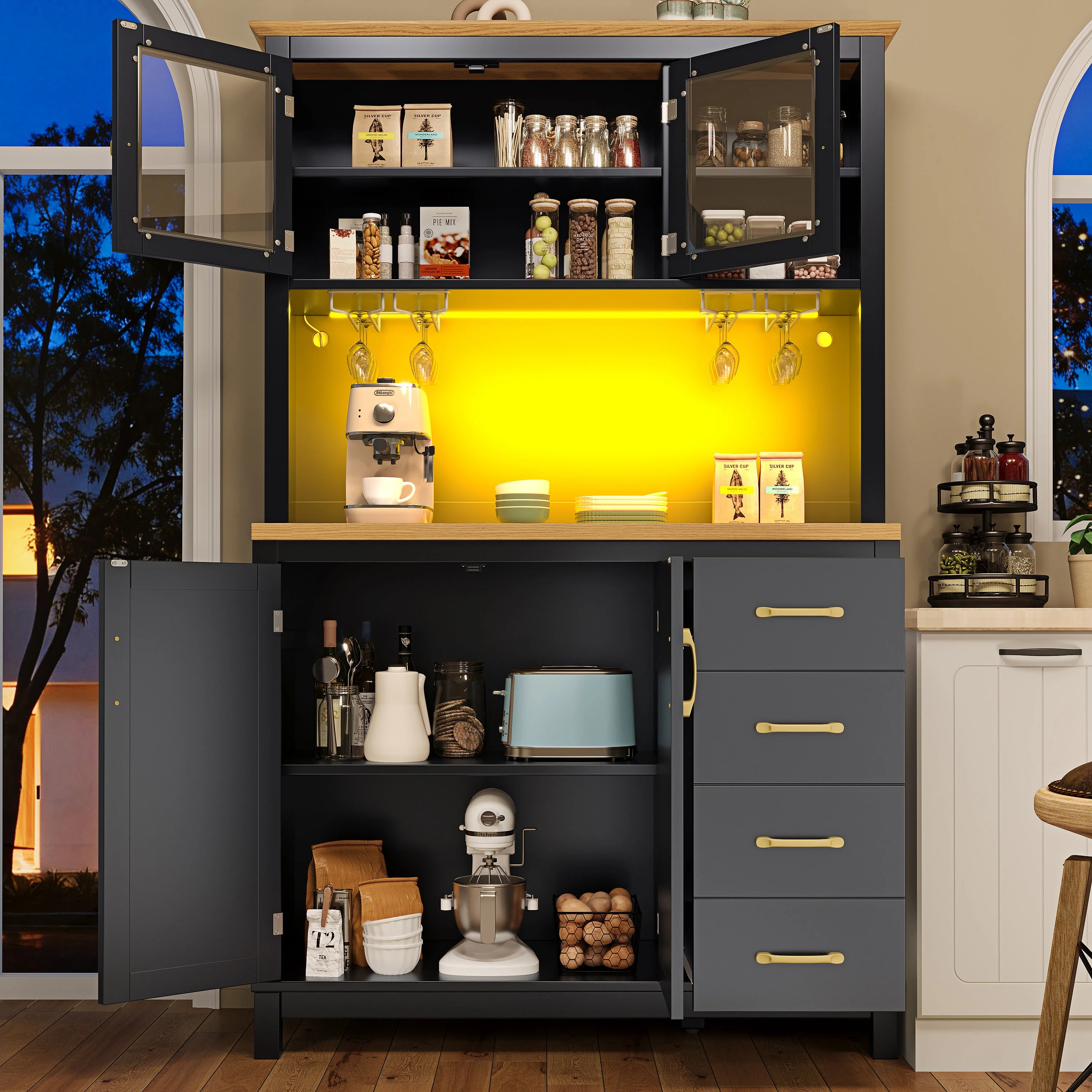 Sideboard Kitchen Buffet Cabinet with LED Lights and Drink Holders, Green, Black and White - Image 4