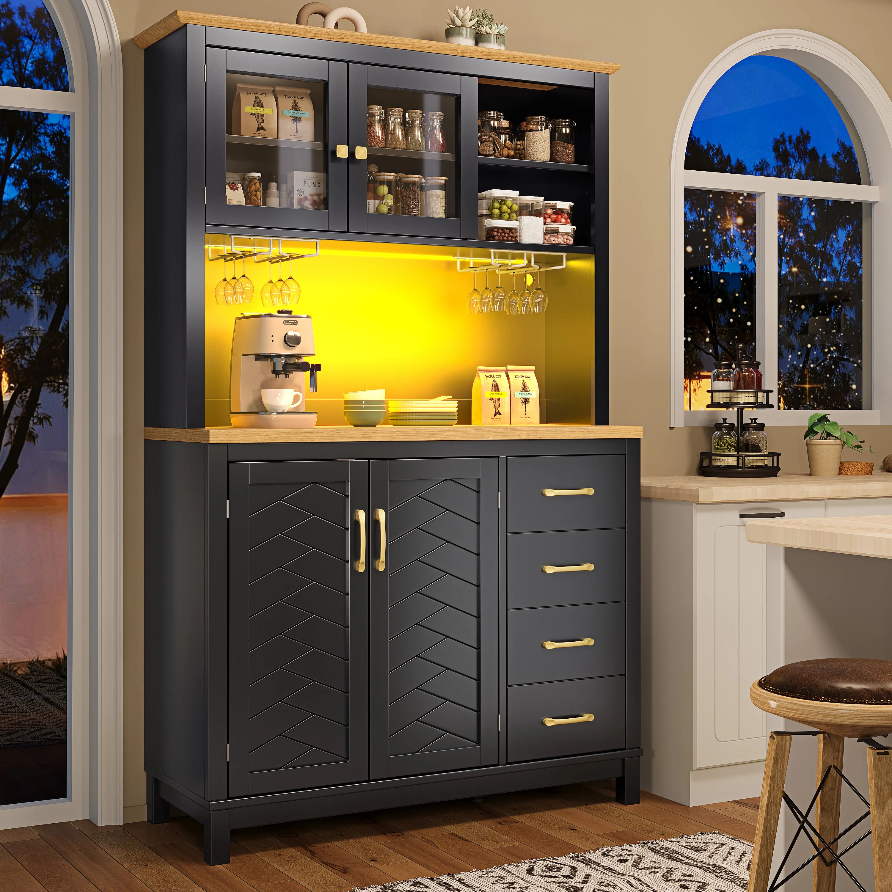 Sideboard Kitchen Buffet Cabinet with LED Lights and Drink Holders, Green, Black and White - Image 5