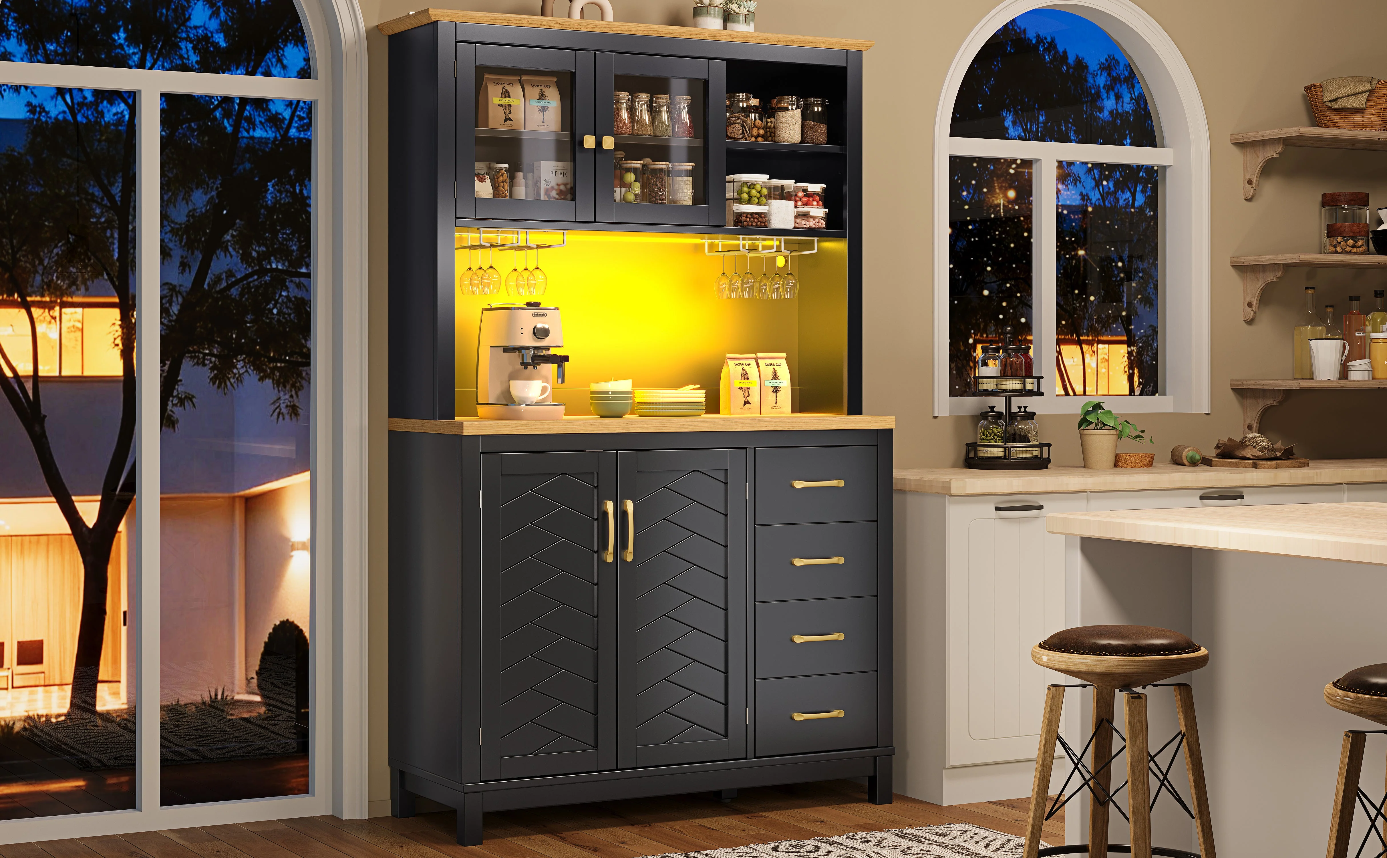 Sideboard Kitchen Buffet Cabinet with LED Lights and Drink Holders, Green, Black and White - Image 6