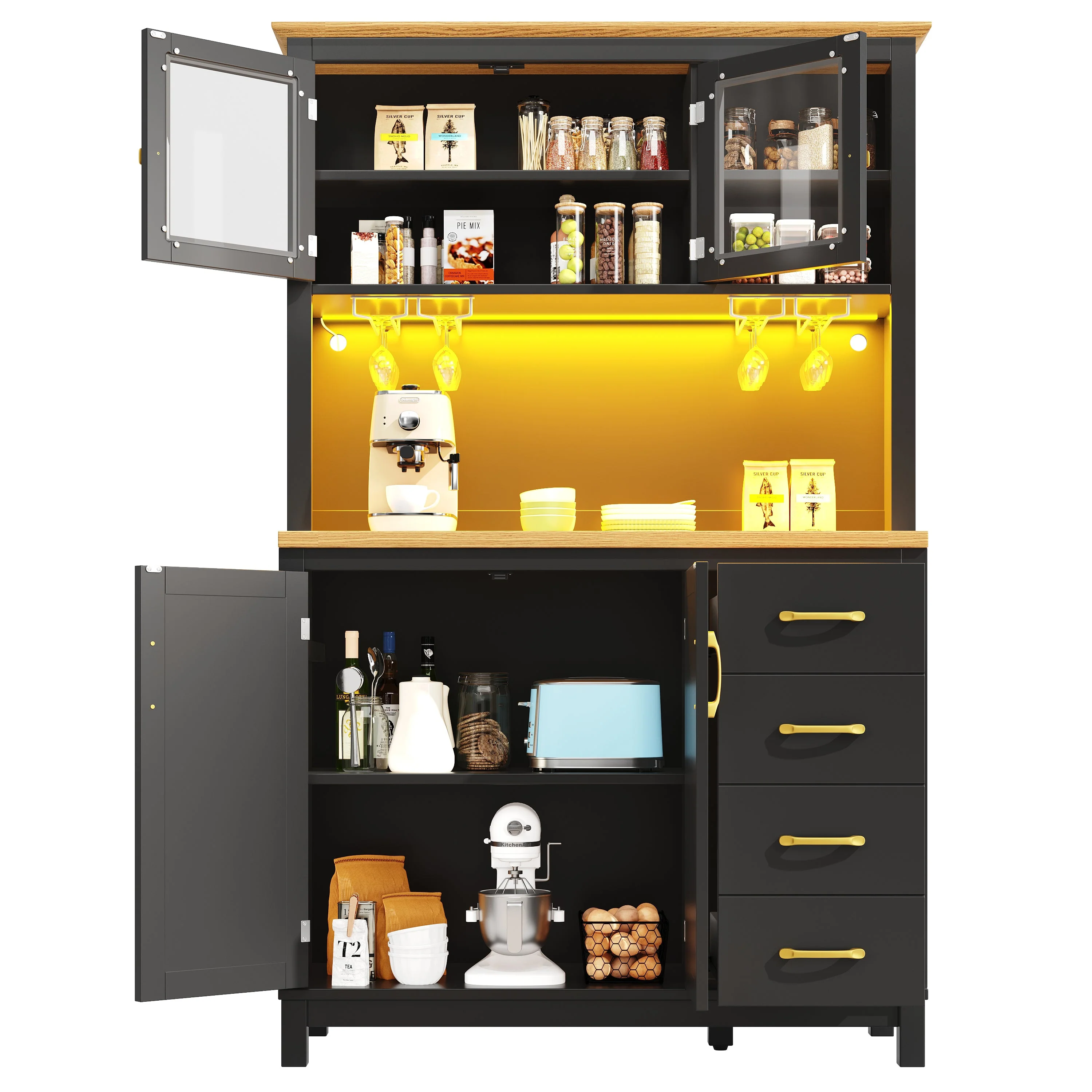 Sideboard Kitchen Buffet Cabinet with LED Lights and Drink Holders, Green, Black and White - Image 9