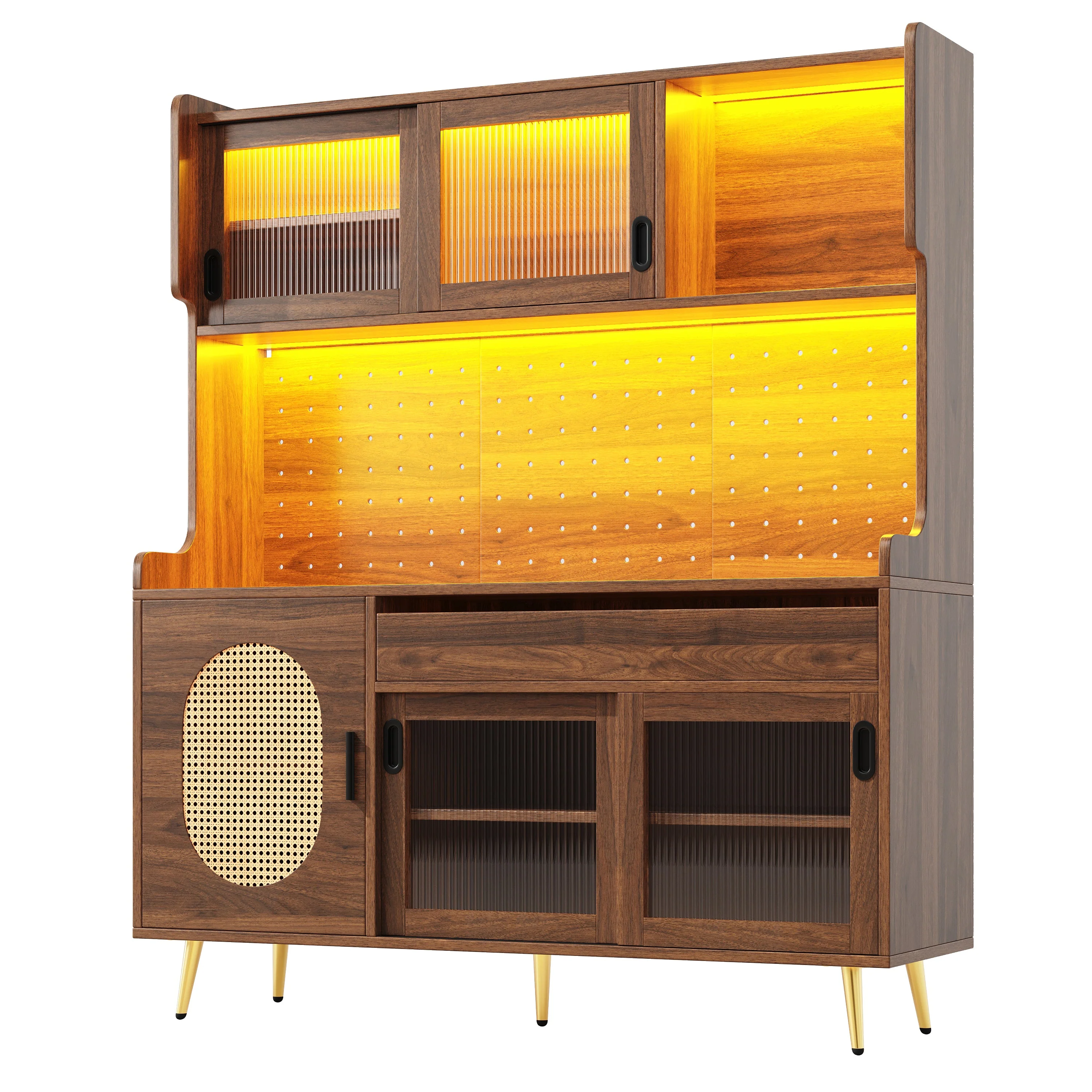 Sideboard Kitchen Buffet Cabinet with LED Strip and Fluted Glass Doors, Brown and Black - Image 10