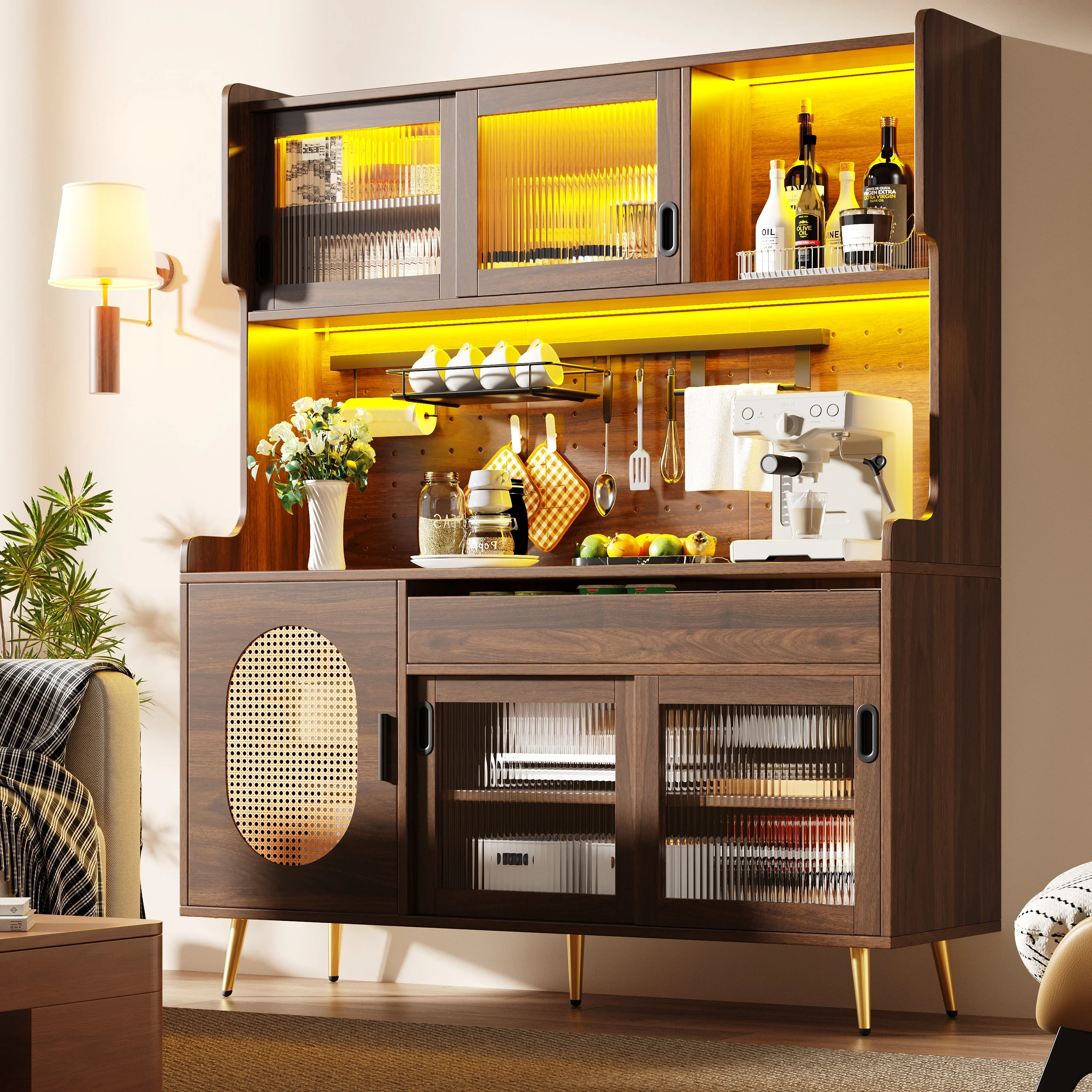 Sideboard Kitchen Buffet Cabinet with LED Strip and Fluted Glass Doors, Brown and Black - Image 4