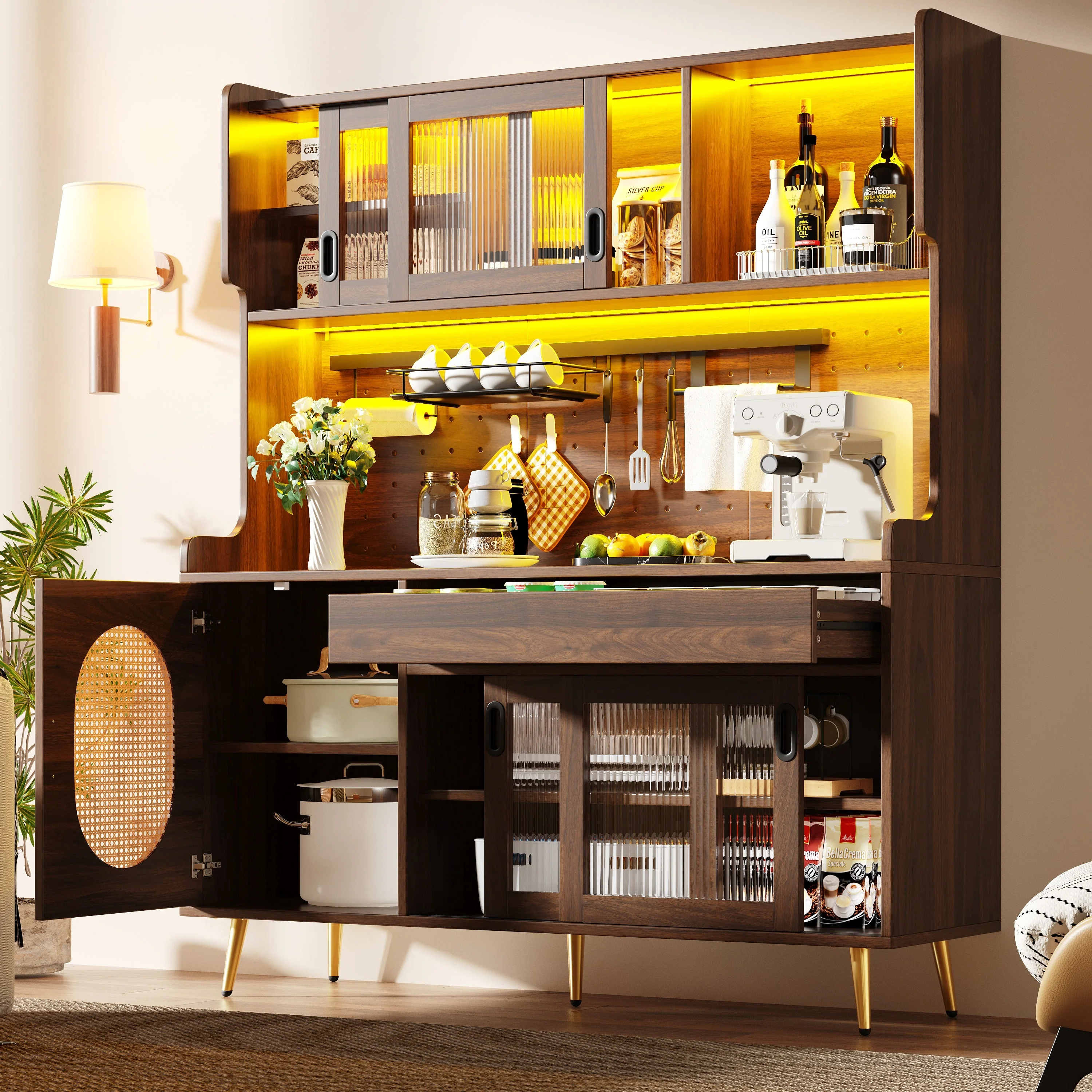 Sideboard Kitchen Buffet Cabinet with LED Strip and Fluted Glass Doors, Brown and Black - Image 5