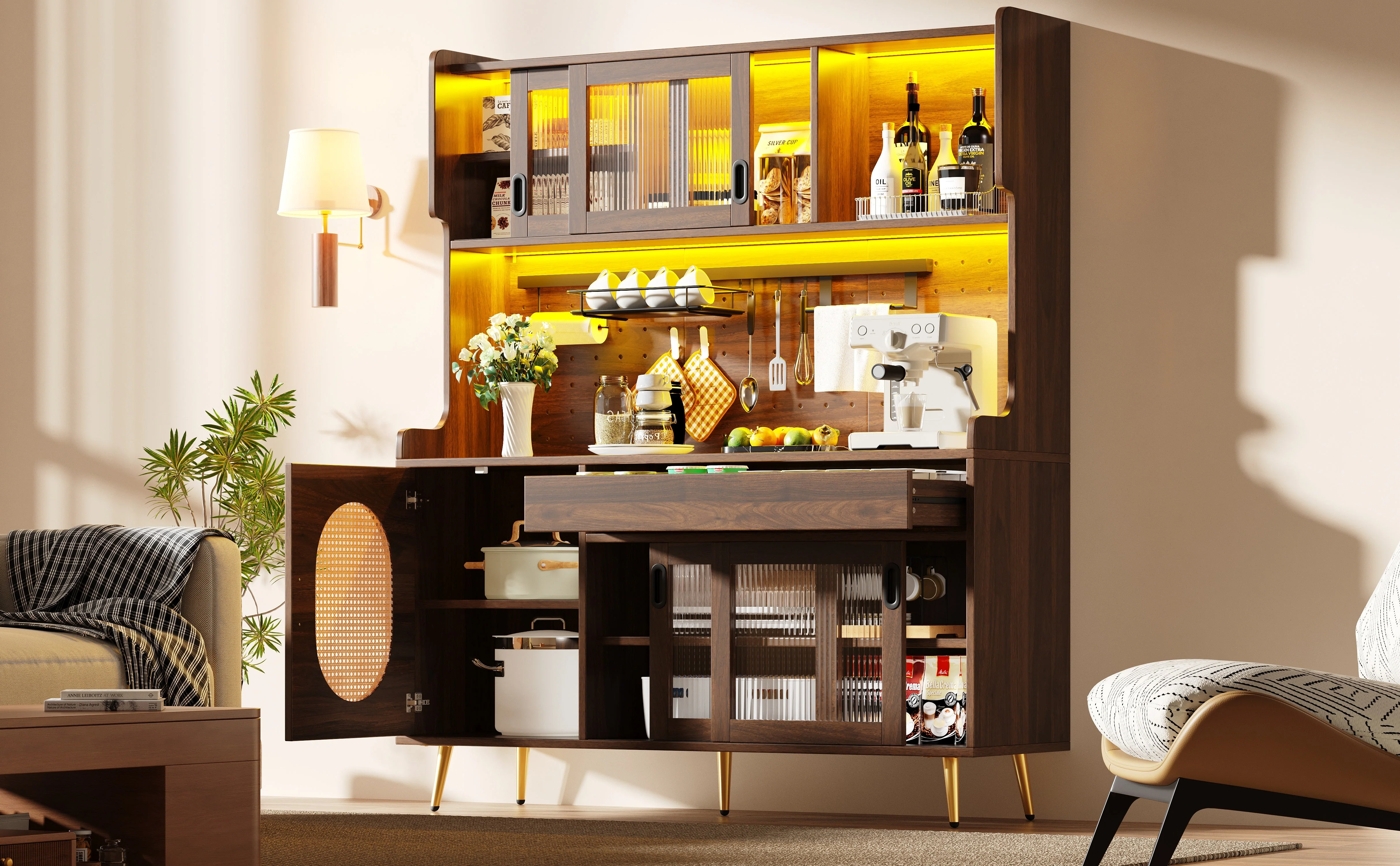 Sideboard Kitchen Buffet Cabinet with LED Strip and Fluted Glass Doors, Brown and Black - Image 6