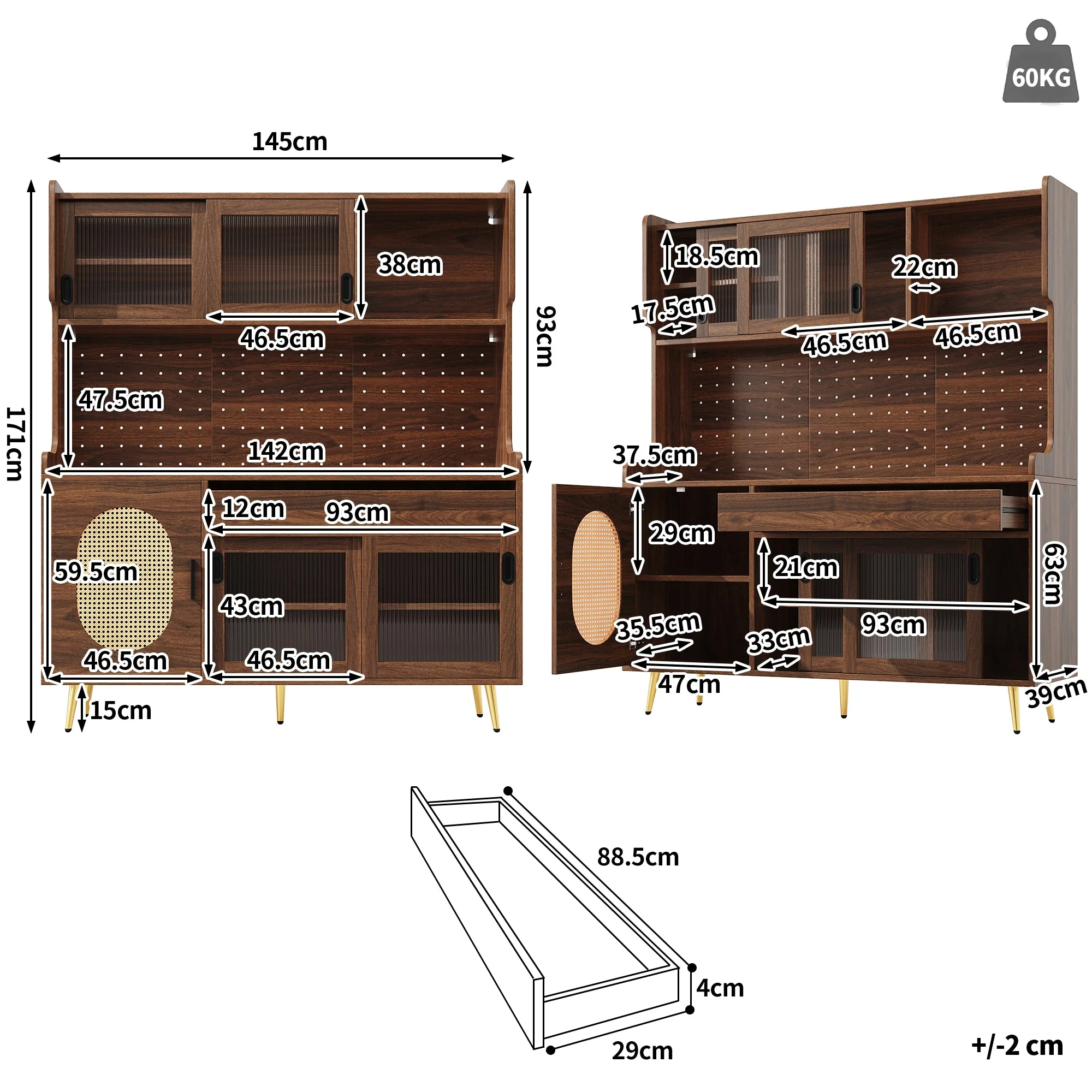 Sideboard Kitchen Buffet Cabinet with LED Strip and Fluted Glass Doors, Brown and Black - Image 7