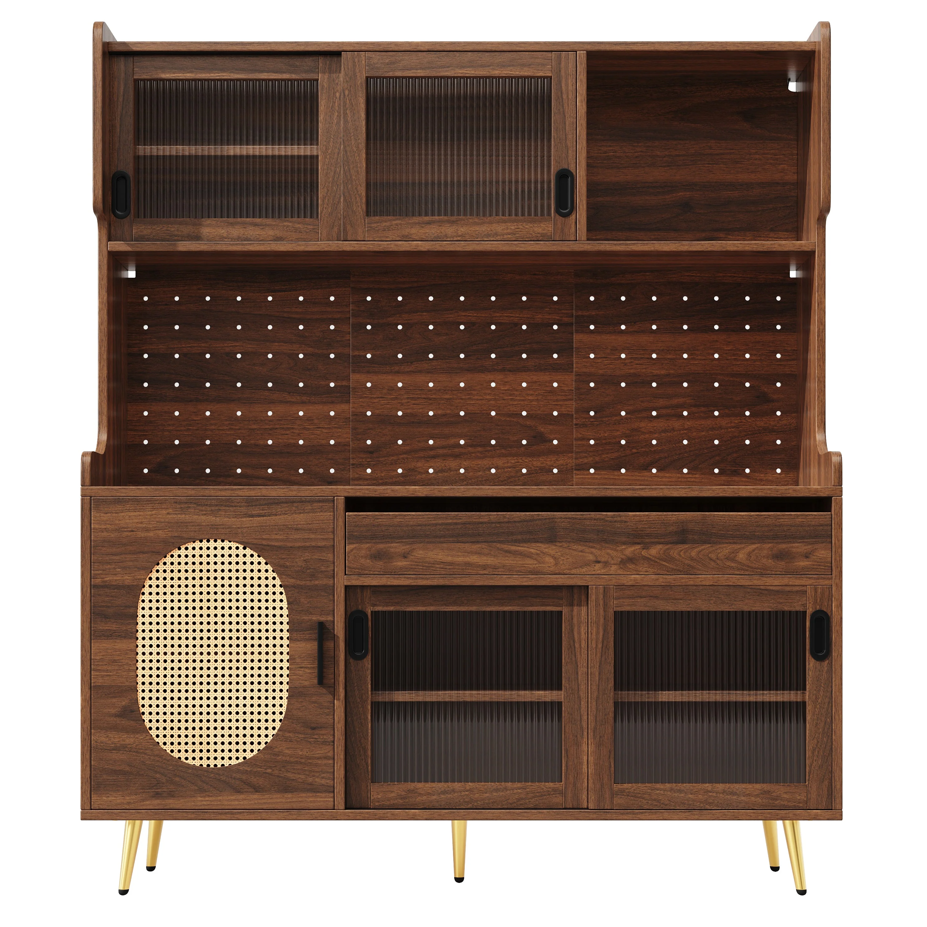 Sideboard Kitchen Buffet Cabinet with LED Strip and Fluted Glass Doors, Brown and Black - Image 8