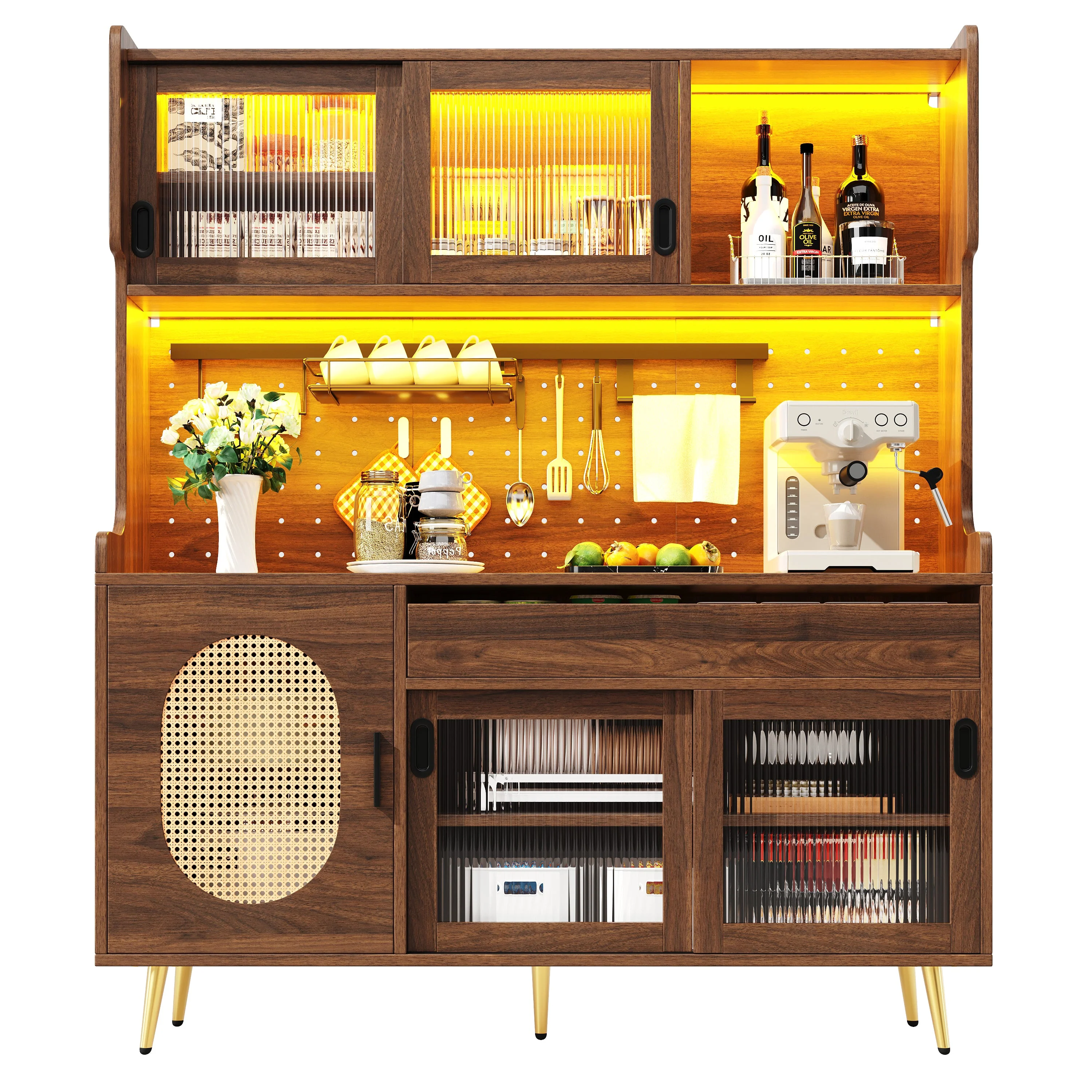 Sideboard Kitchen Buffet Cabinet with LED Strip and Fluted Glass Doors, Brown and Black - Image 9