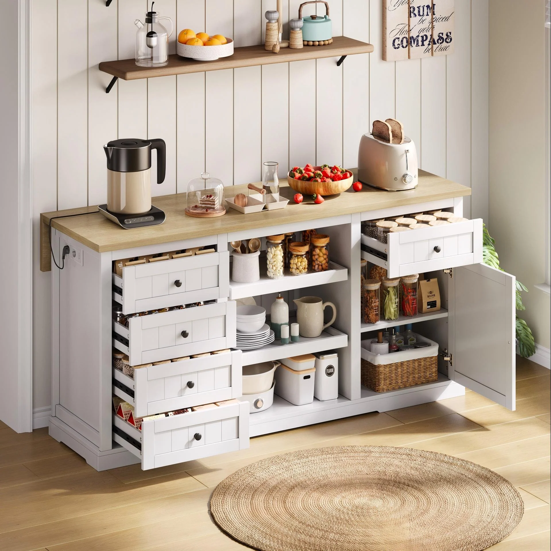Sideboard/Kitchen Island/Bar Cabinet 5 Drawers 2 Shelves Extension Panel Sockets, White - Image 2