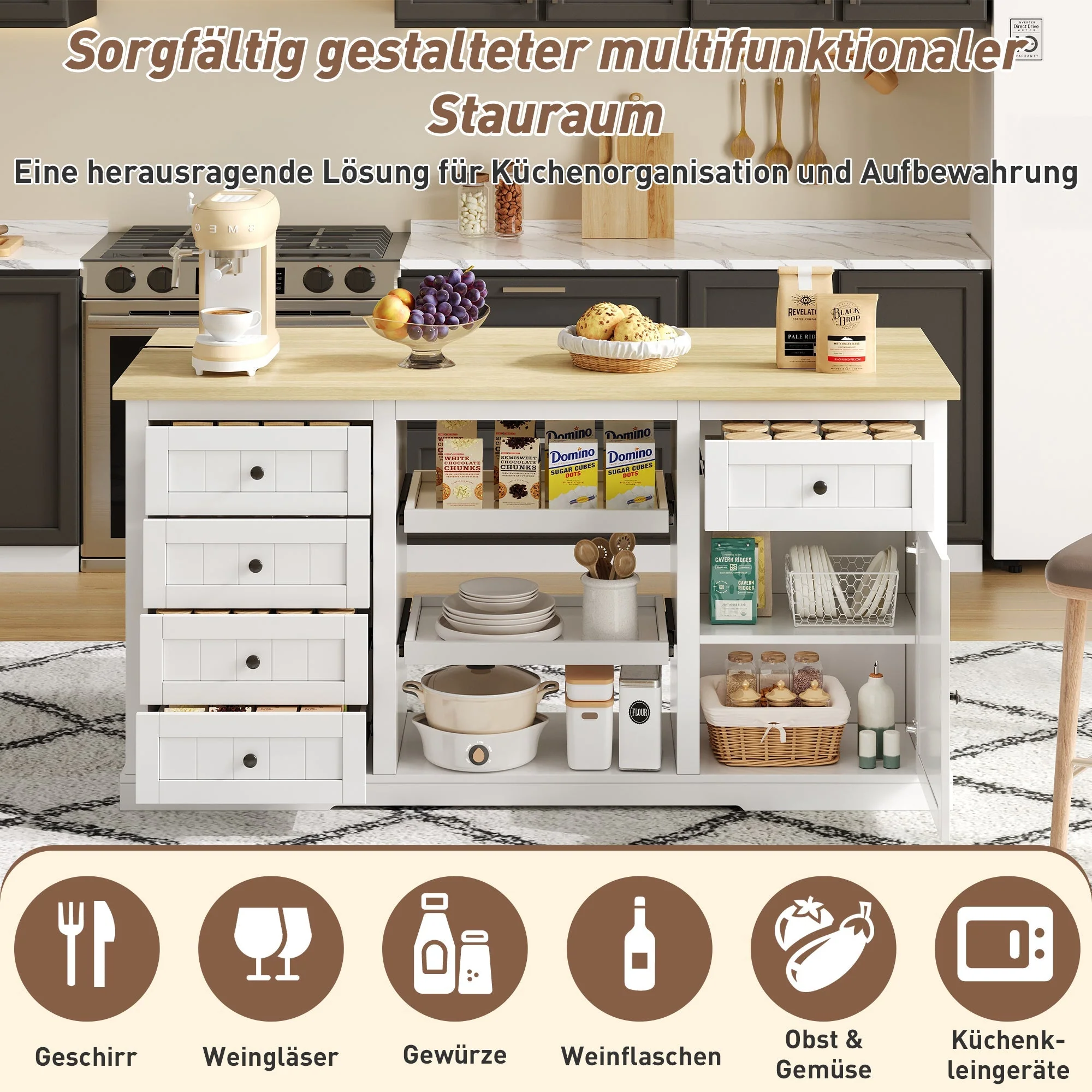 Sideboard/Kitchen Island/Bar Cabinet 5 Drawers 2 Shelves Extension Panel Sockets, White - Image 5