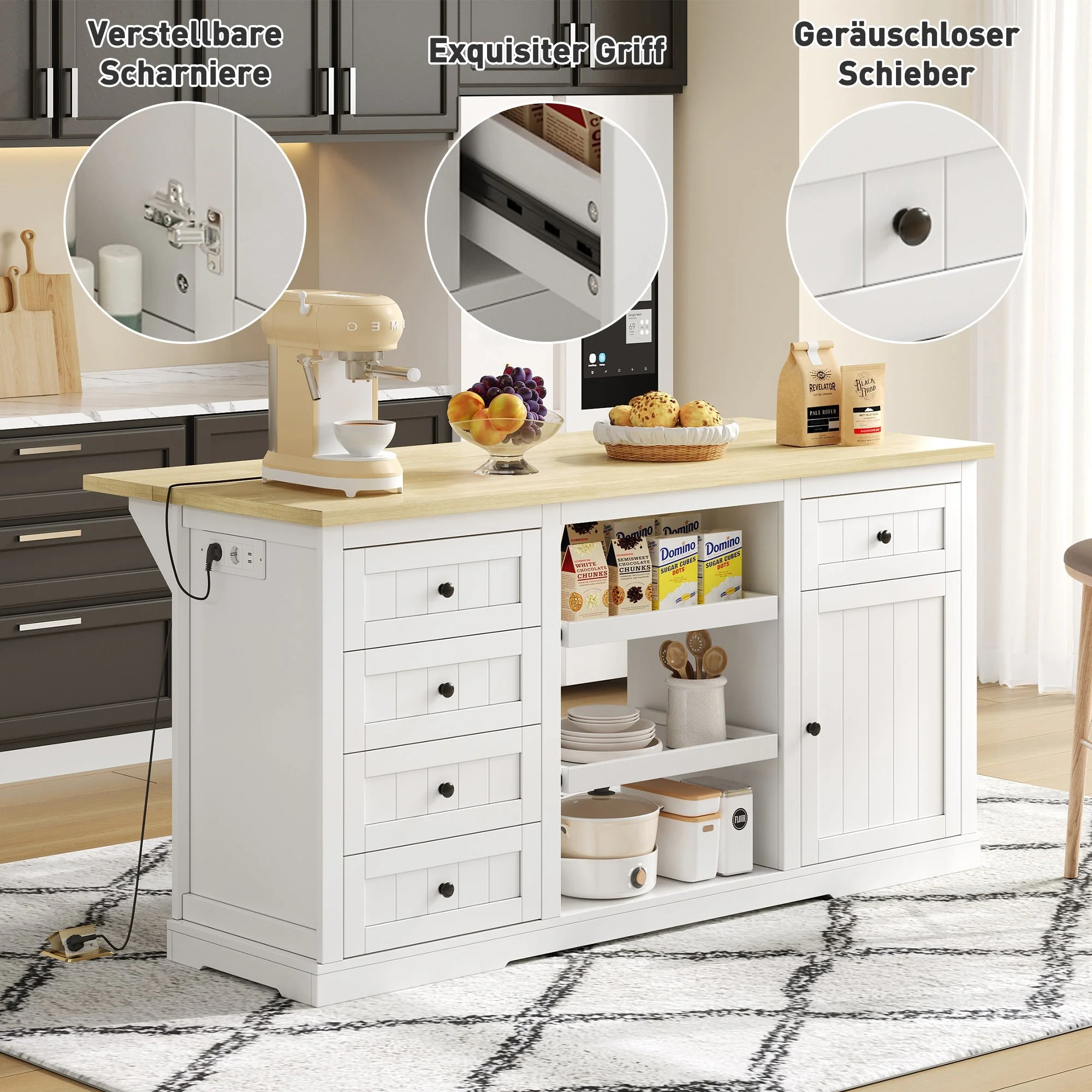 Sideboard/Kitchen Island/Bar Cabinet 5 Drawers 2 Shelves Extension Panel Sockets, White - Image 8