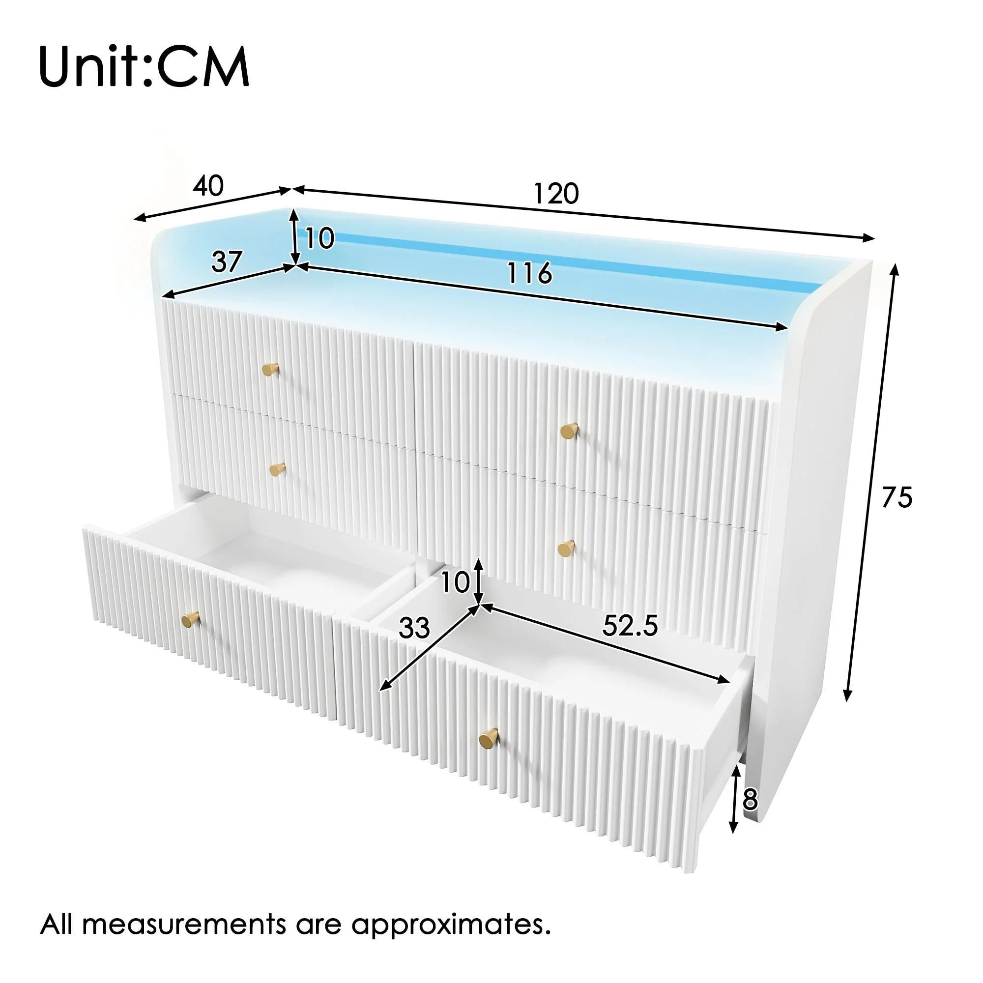 Sideboard, LED Lighting, 6 Drawers, Wave-Shaped Groove, White - Image 2