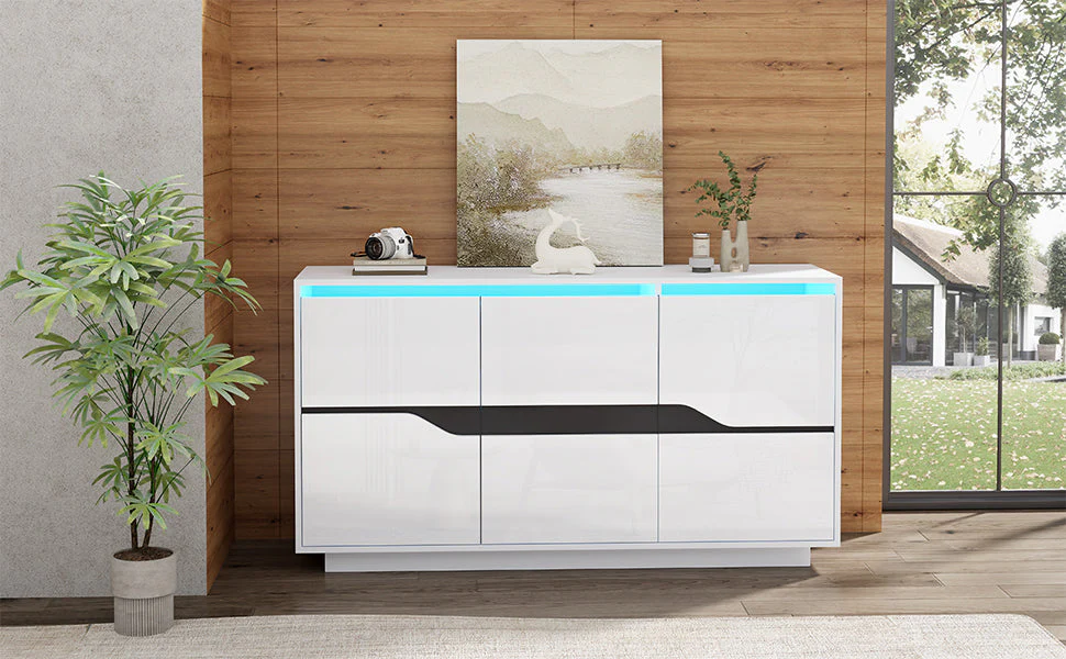 Sideboard, Living Room 140x40x76cm with 3 Doors, Adjustable Dividers, LED, White & Black - Image 6
