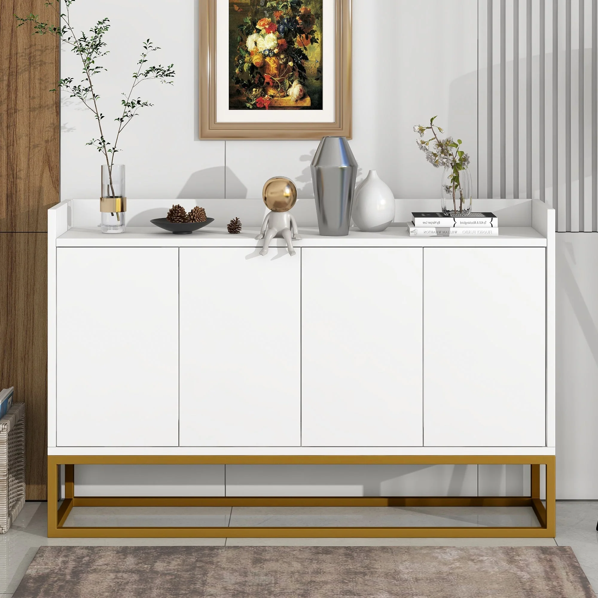 Sideboard, Minimalist 4-Door Handleless Buffet Cabinet, White - Image 2