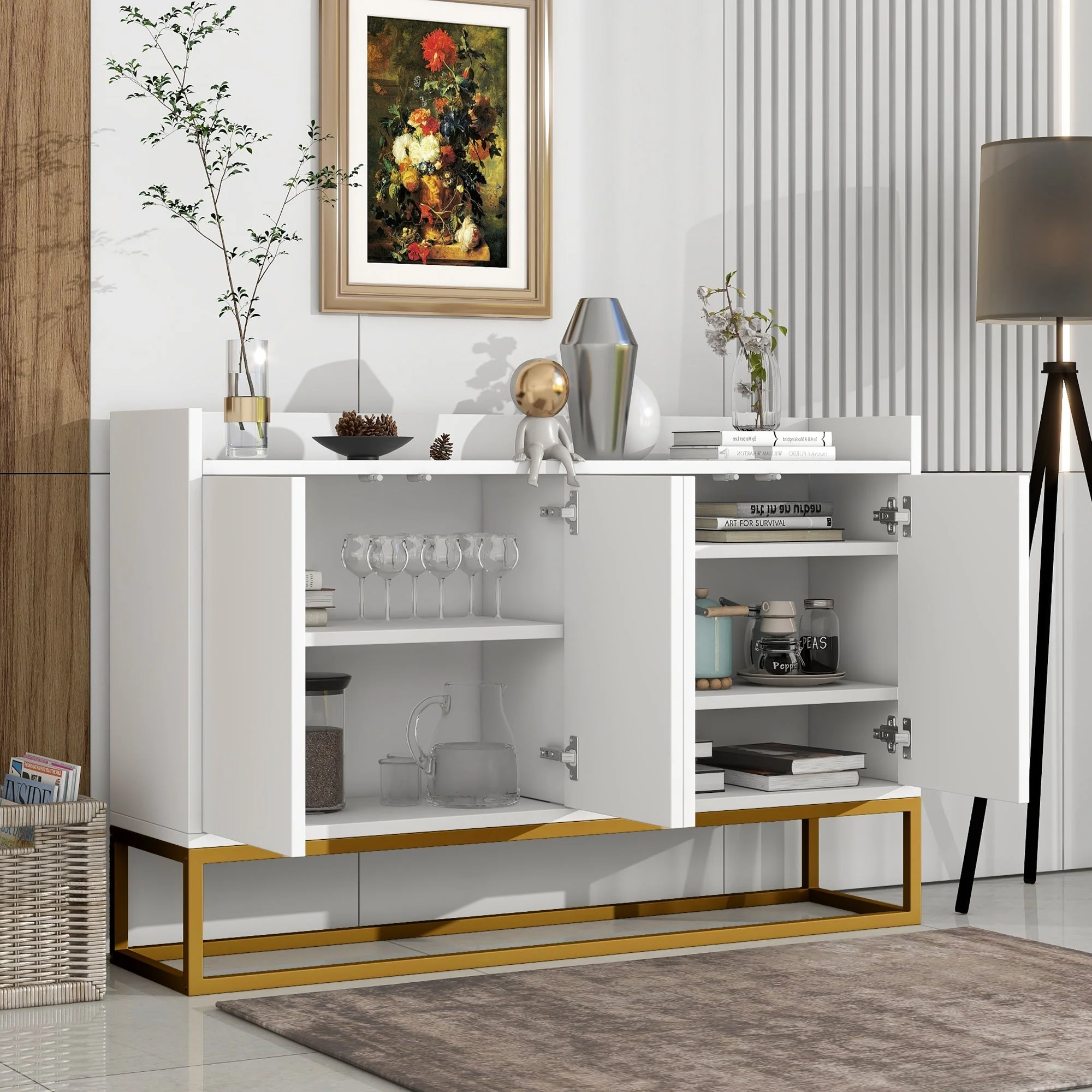 Sideboard, Minimalist 4-Door Handleless Buffet Cabinet, White - Image 3