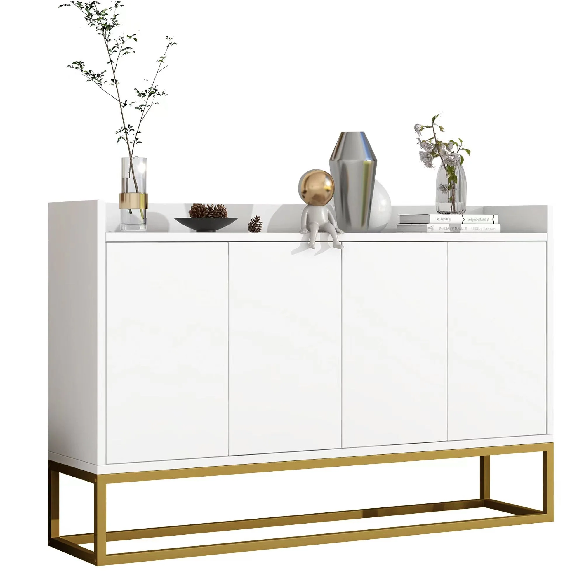 Sideboard, Minimalist 4-Door Handleless Buffet Cabinet, White - Image 5