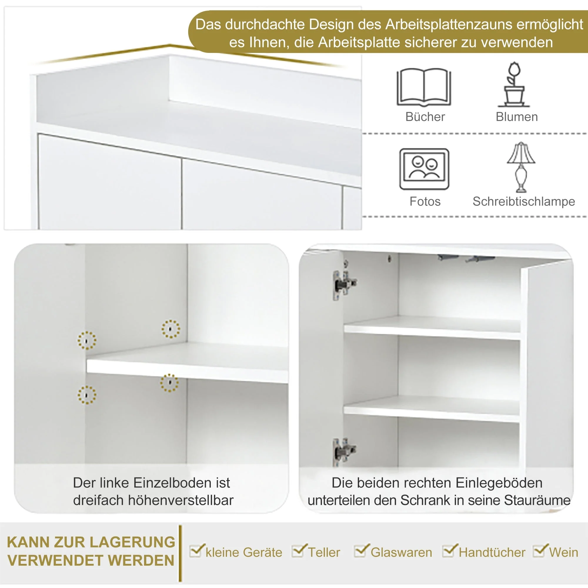 Sideboard, Minimalist 4-Door Handleless Buffet Cabinet, White - Image 7