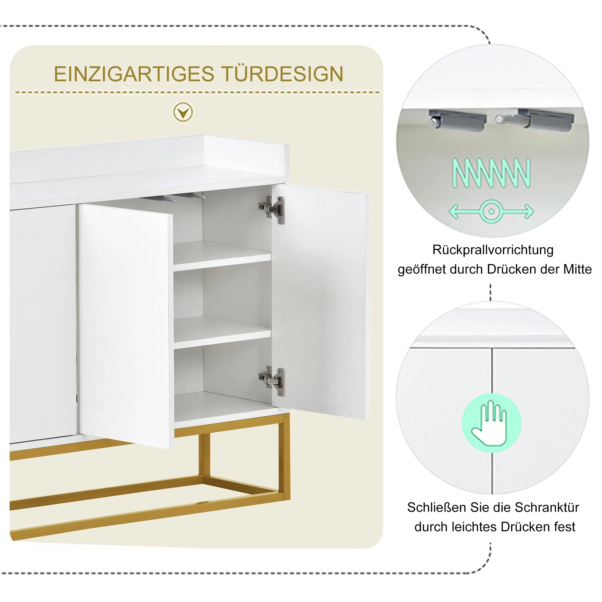 Sideboard, Minimalist 4-Door Handleless Buffet Cabinet, White - Image 9