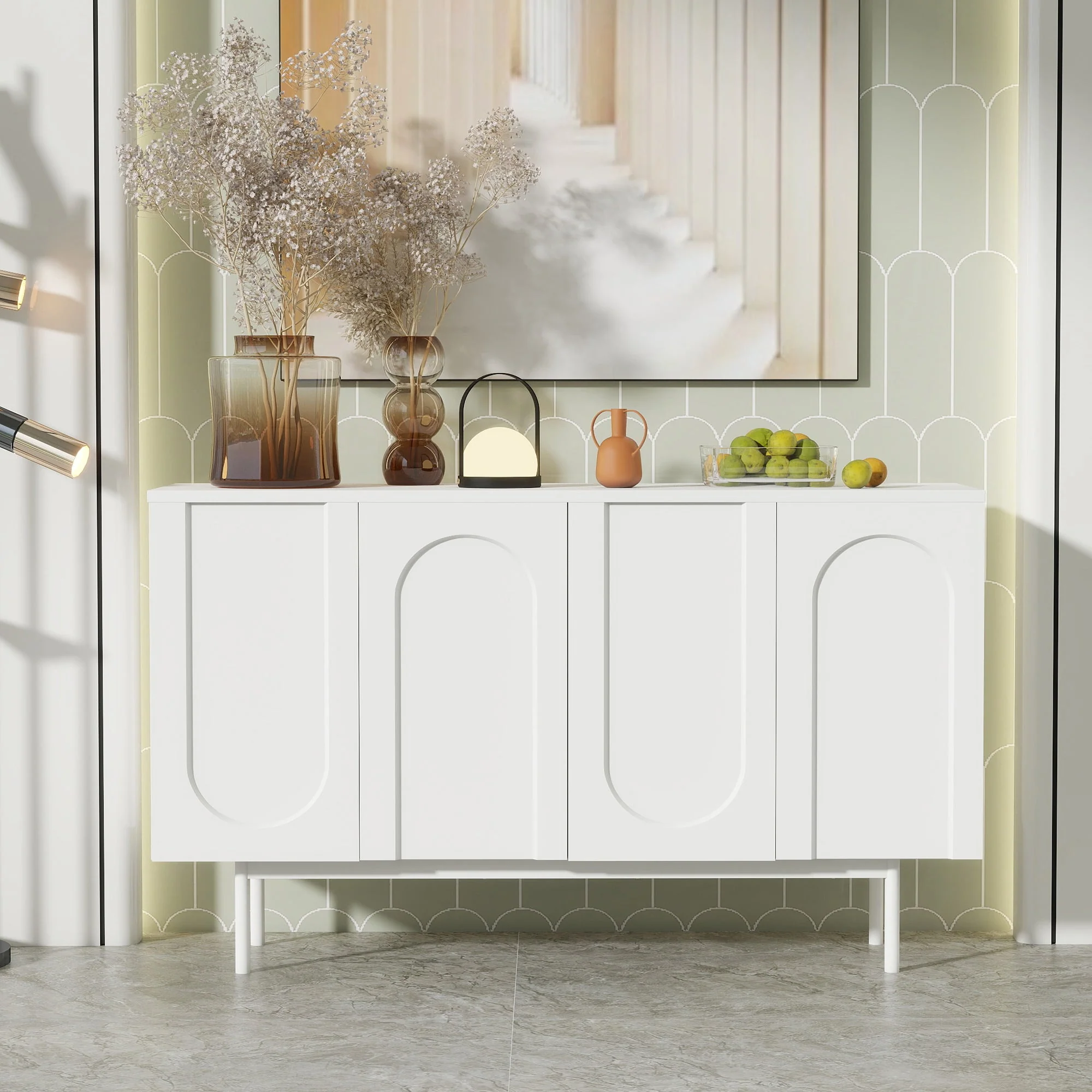 Sideboard, Minimalist Arched Pattern 4-Door, Pure White - Image 2