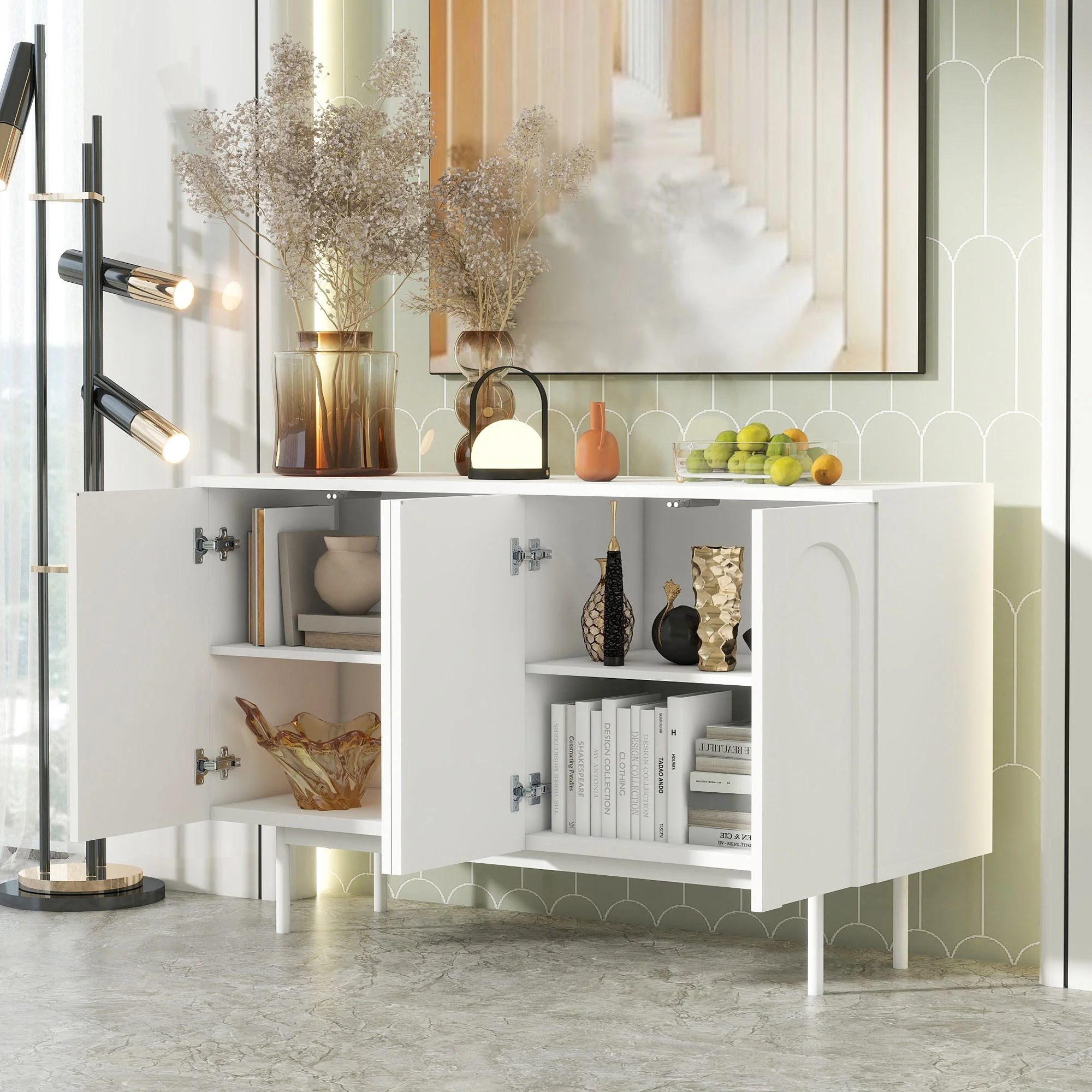 Sideboard, Minimalist Arched Pattern 4-Door, Pure White - Image 3
