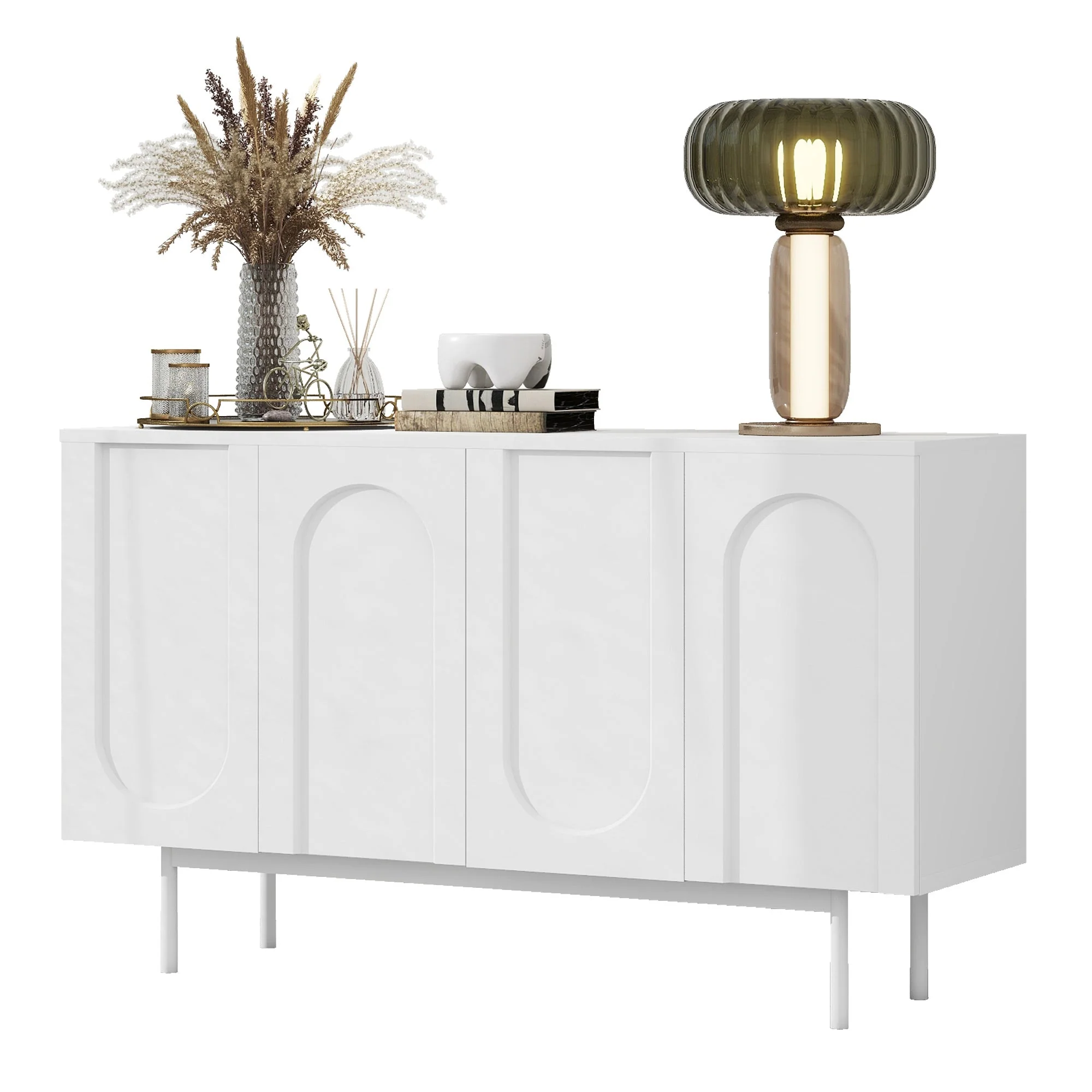 Sideboard, Minimalist Arched Pattern 4-Door, Pure White - Image 4