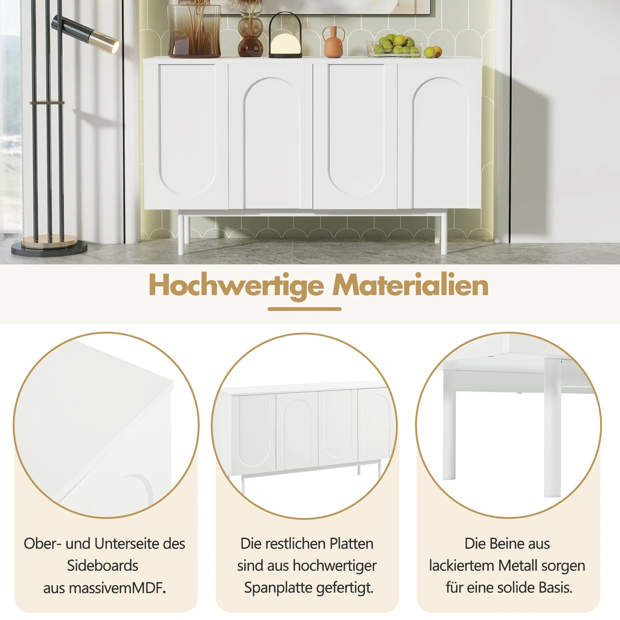Sideboard, Minimalist Arched Pattern 4-Door, Pure White - Image 7