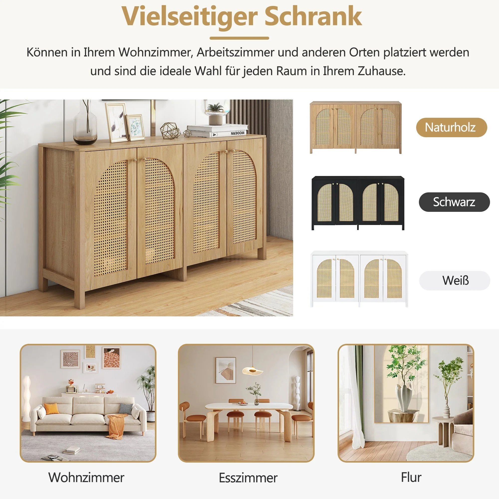 Sideboard, Minimalist with 4 Rattan Doors & Metal Handles, Natural Wood - Image 7