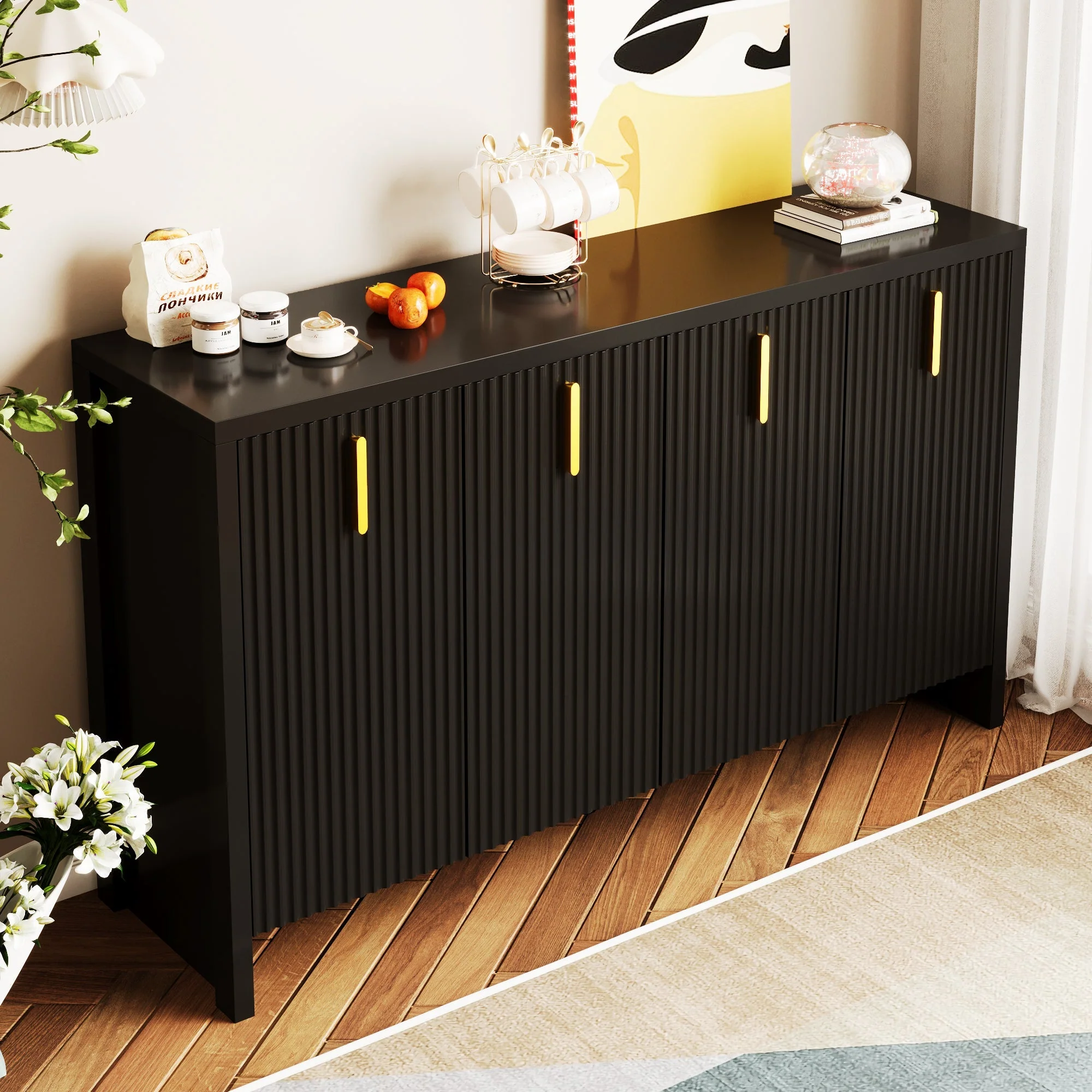 Sideboard, Minimalist with Flexible Storage, Gold Handles & Adjustable Dividers, Black - Image 2