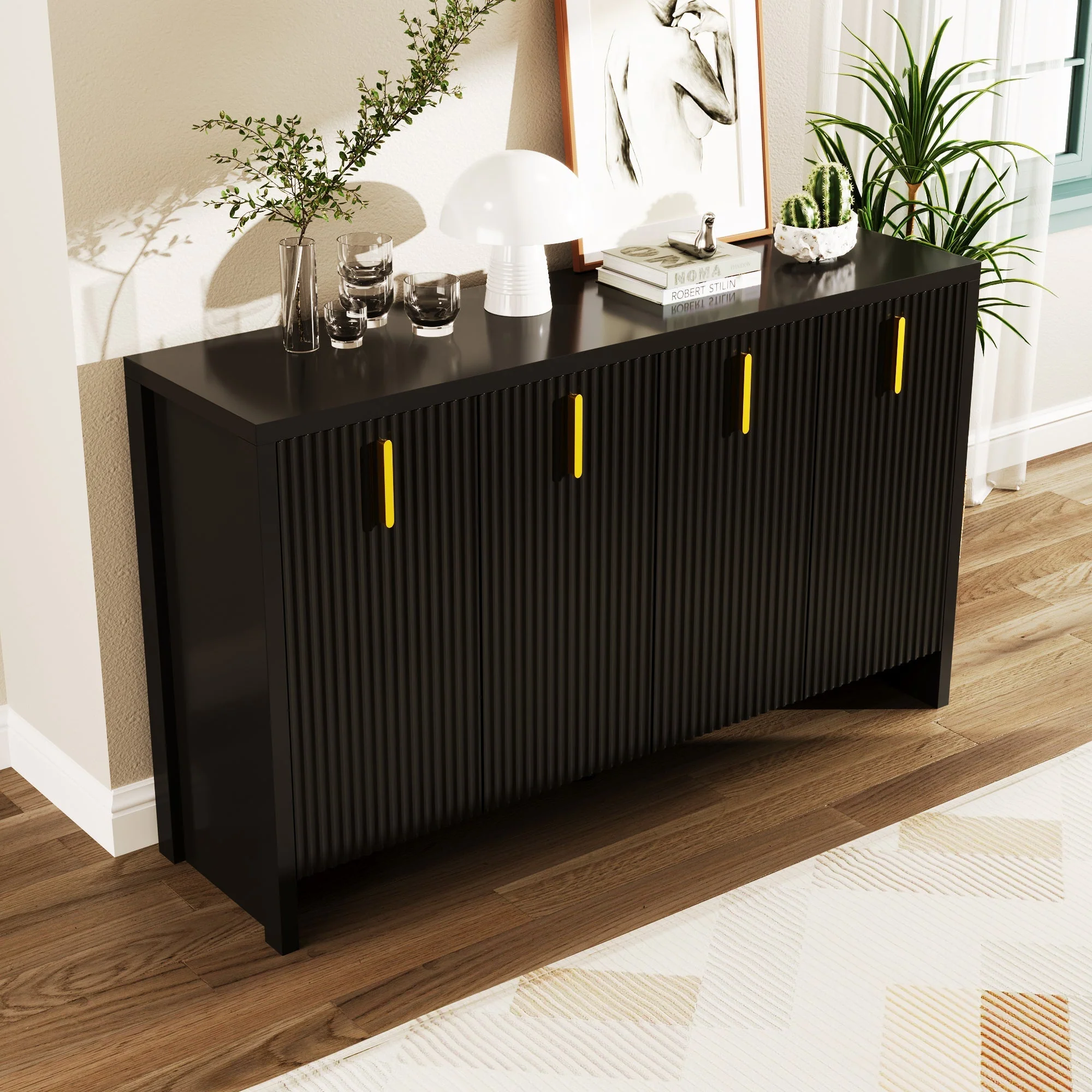 Sideboard, Minimalist with Flexible Storage, Gold Handles & Adjustable Dividers, Black - Image 4
