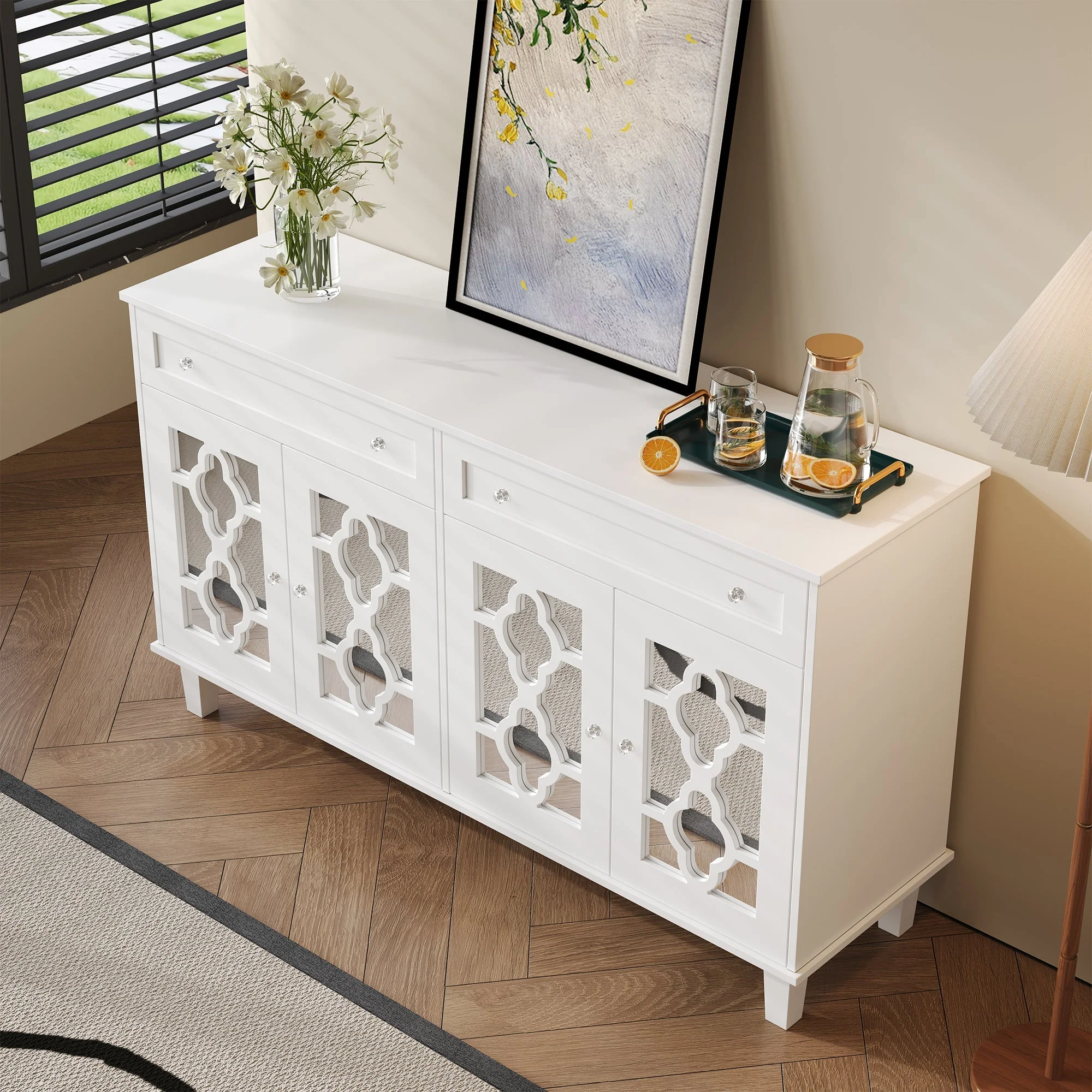 Sideboard Mirrored Doors Drawers Adjustable Shelves, Crystal Handles - Image 3