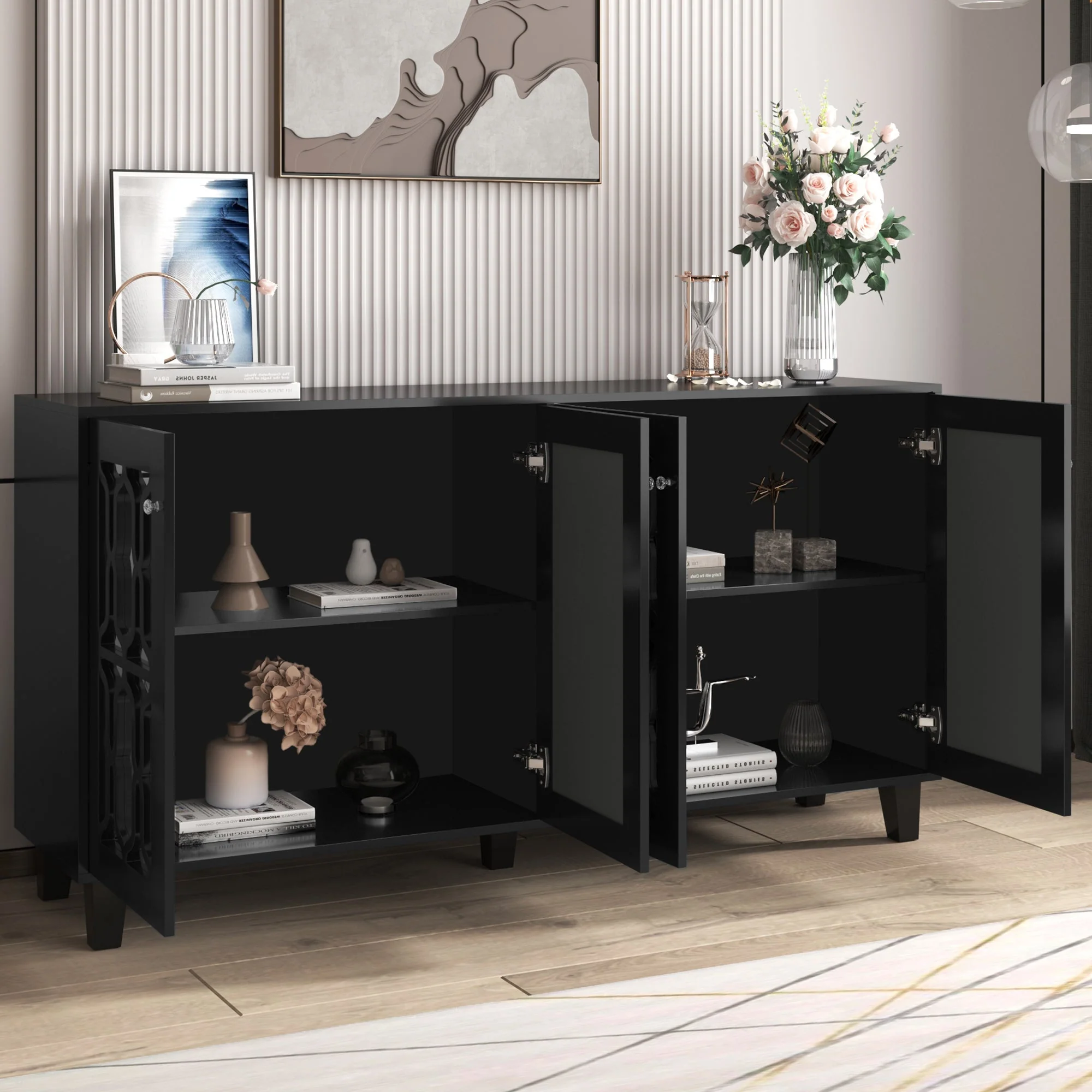 Sideboard, Mirrored with Crystal Handles, Four Doors, Black - Image 10
