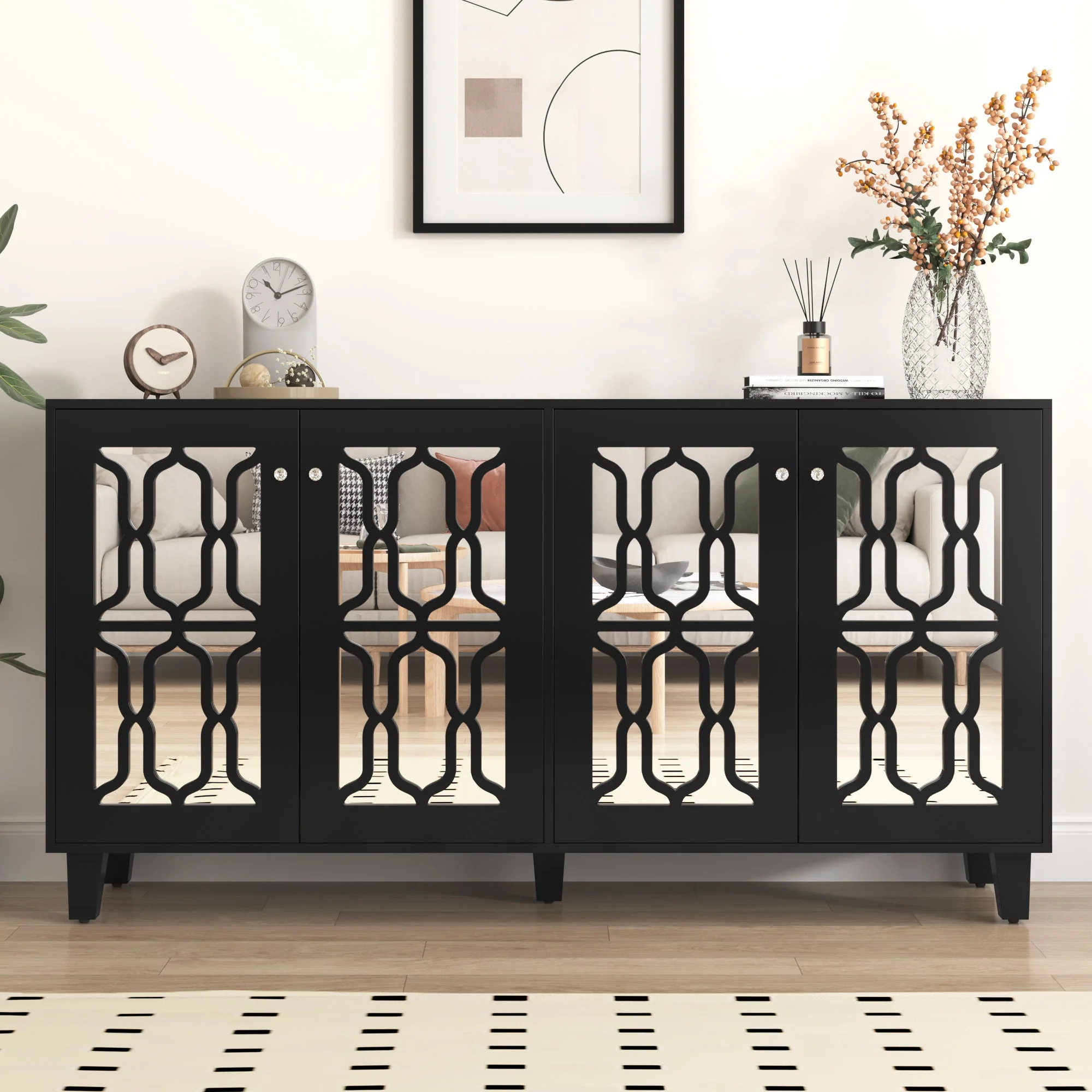 Sideboard, Mirrored with Crystal Handles, Four Doors, Black - Image 2