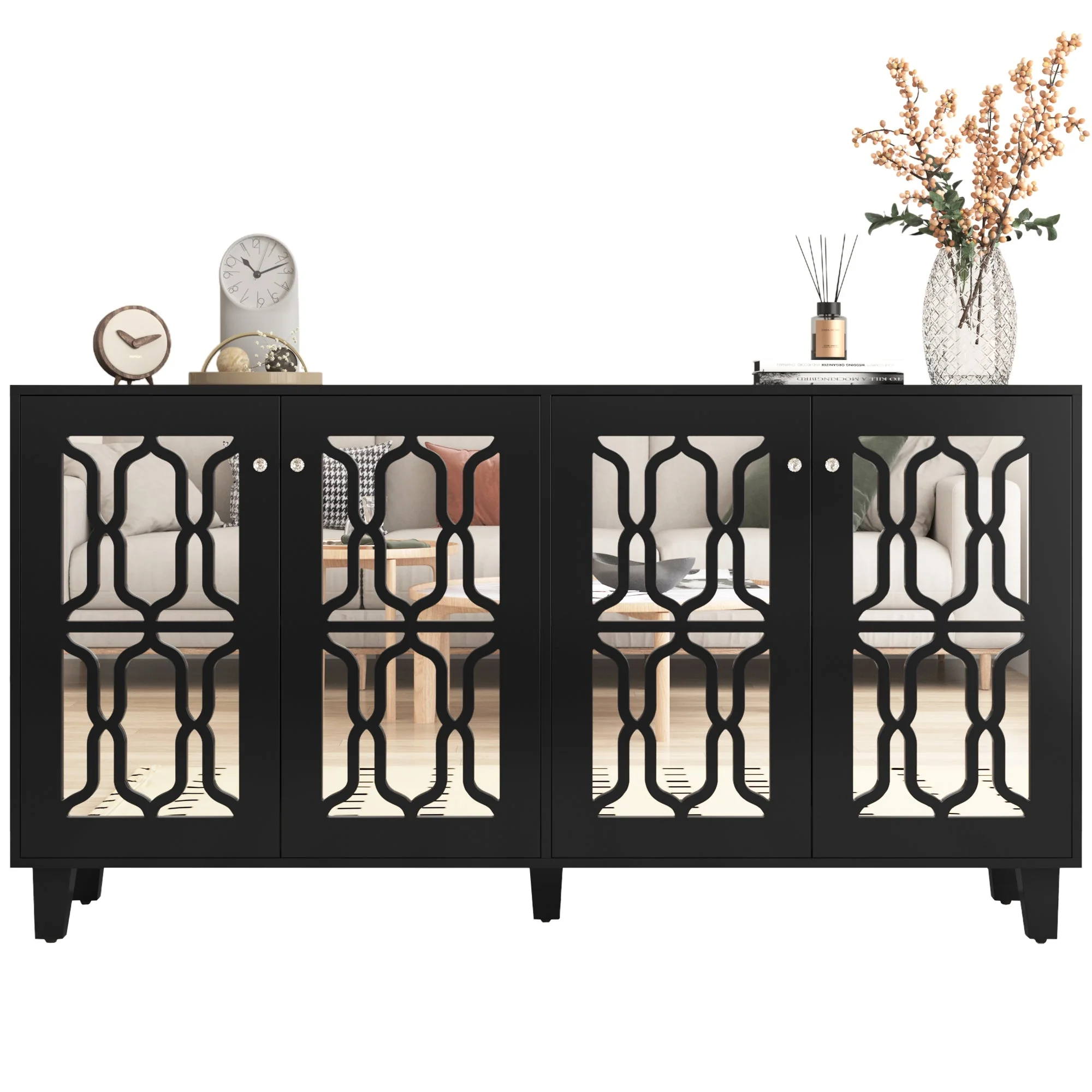 Sideboard, Mirrored with Crystal Handles, Four Doors, Black - Image 3
