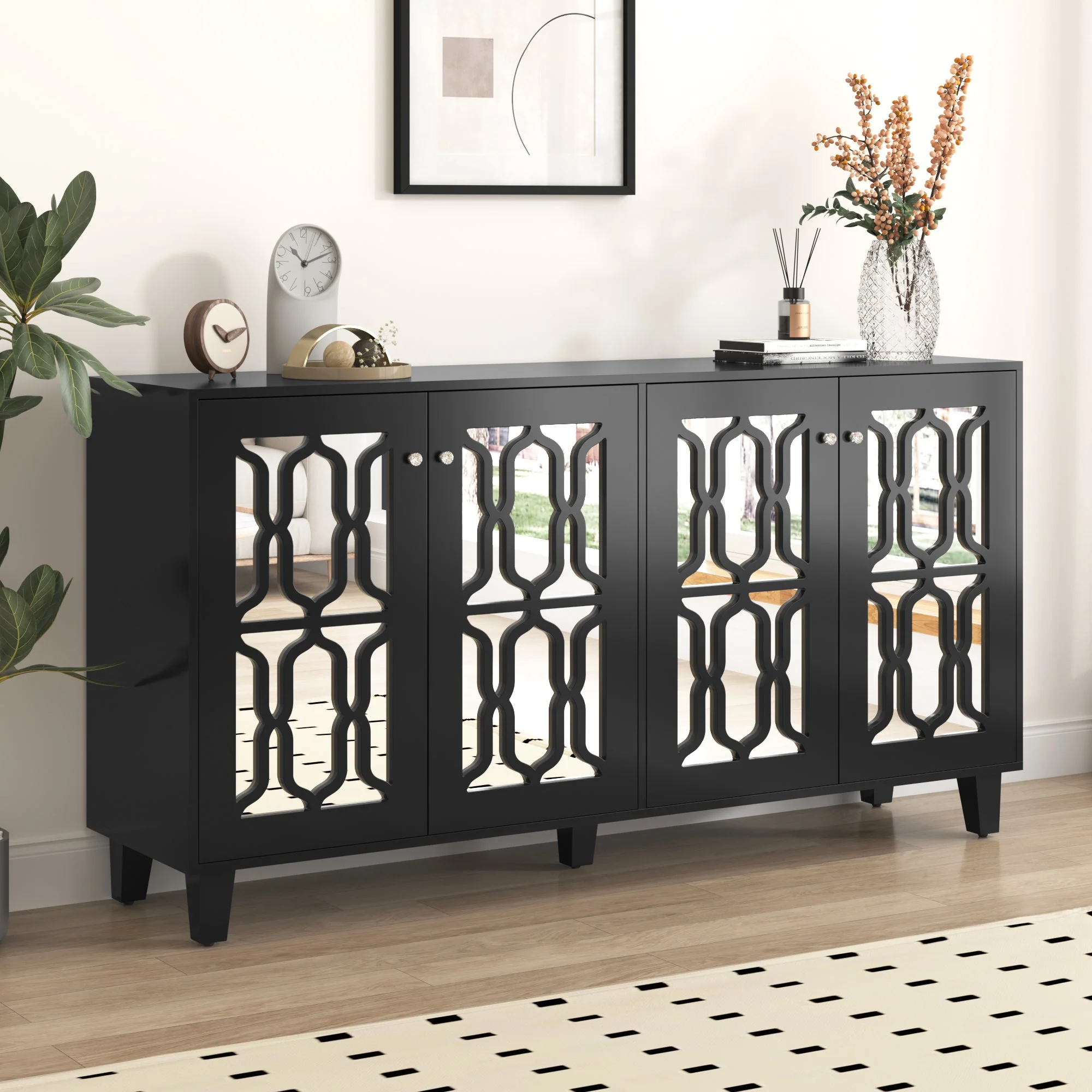 Sideboard, Mirrored with Crystal Handles, Four Doors, Black - Image 4