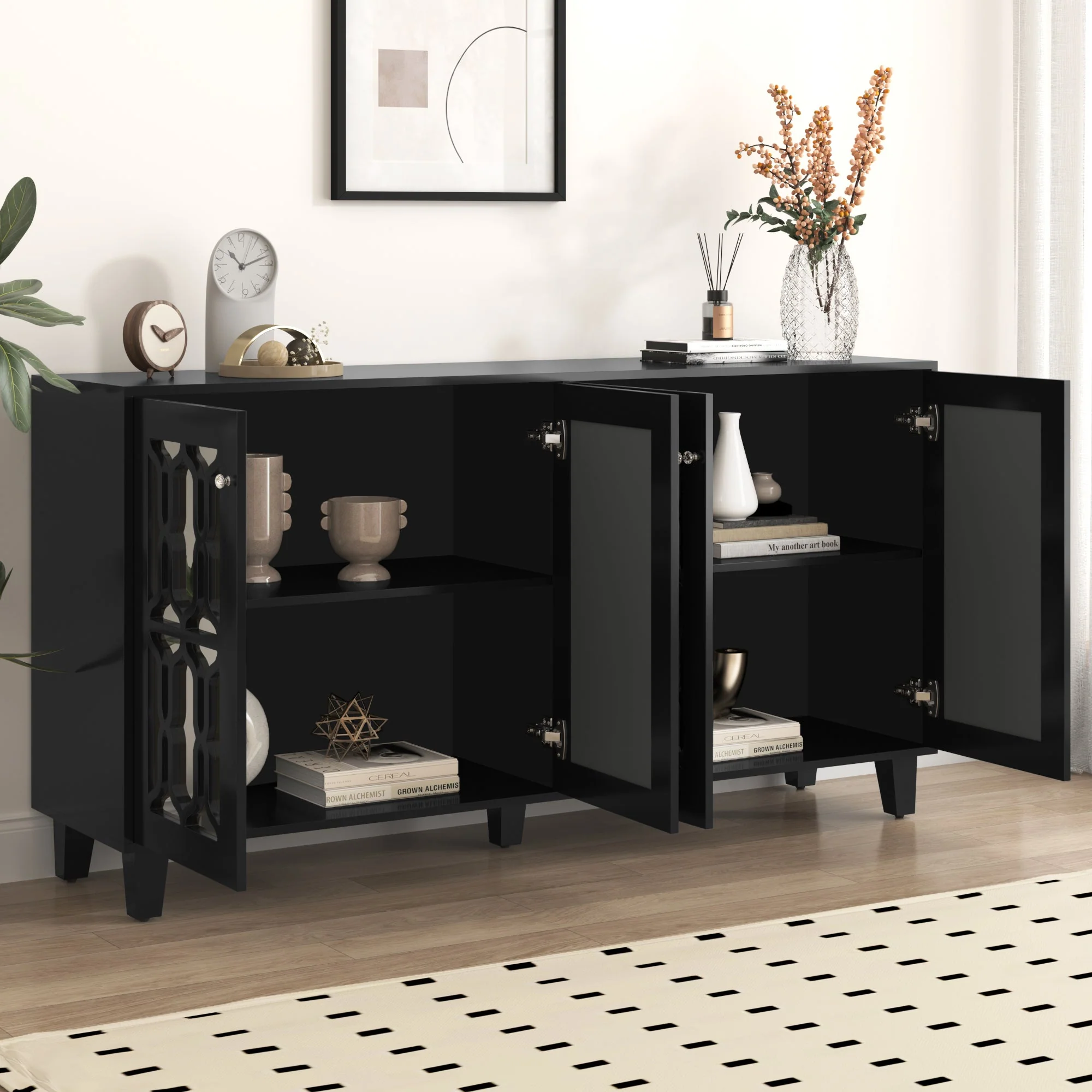 Sideboard, Mirrored with Crystal Handles, Four Doors, Black - Image 5
