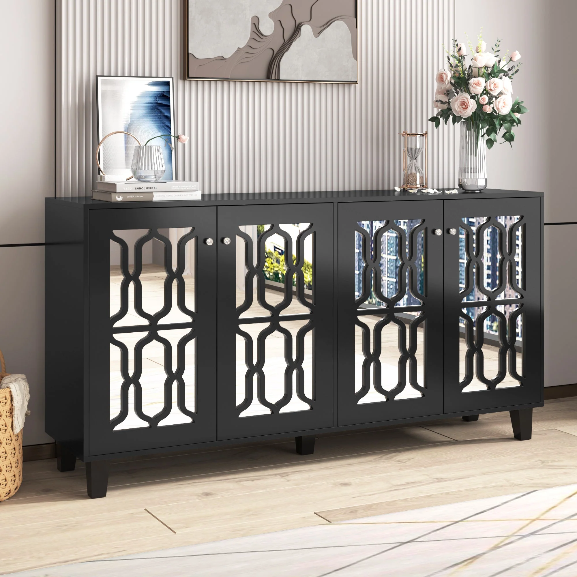 Sideboard, Mirrored with Crystal Handles, Four Doors, Black - Image 6