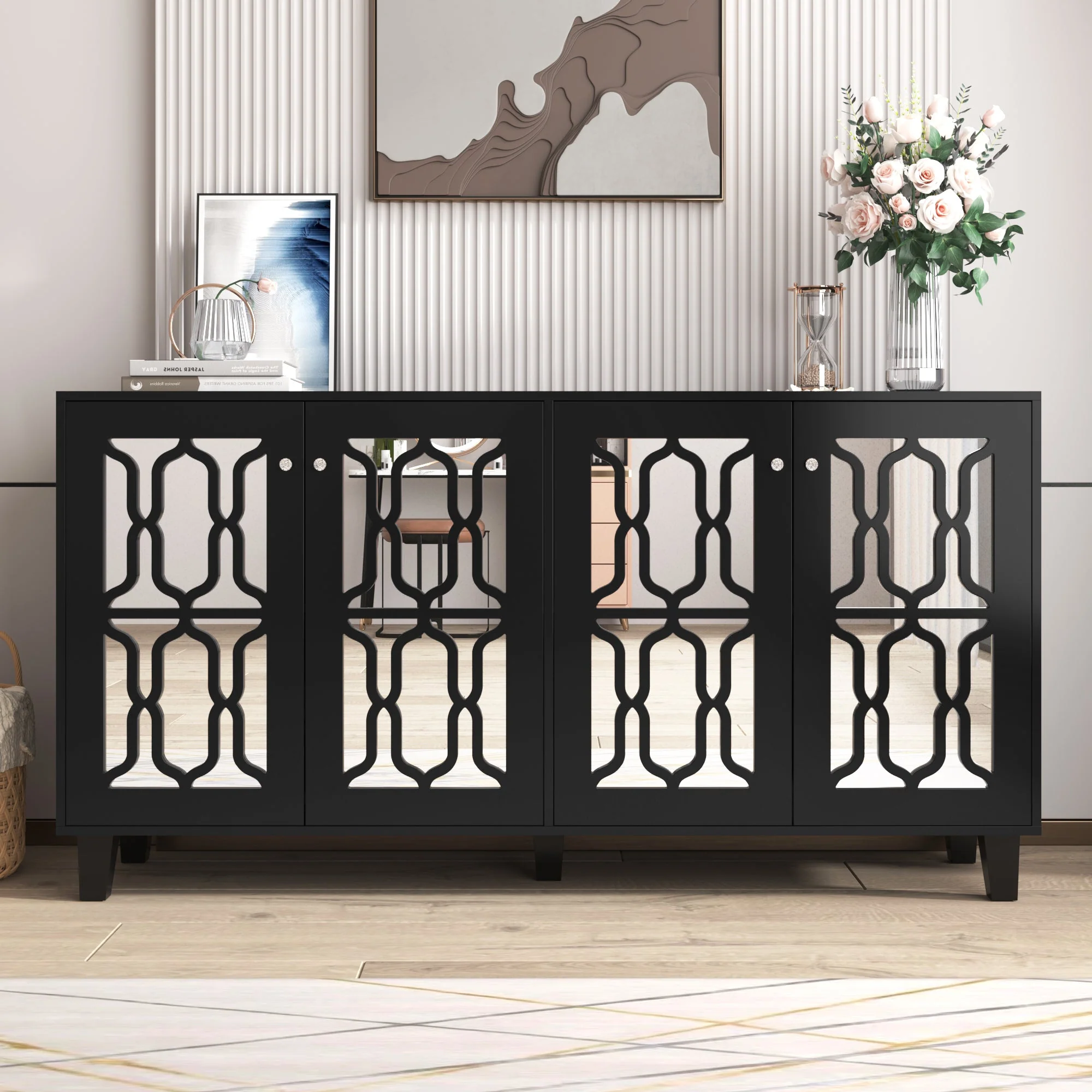 Sideboard, Mirrored with Crystal Handles, Four Doors, Black - Image 7