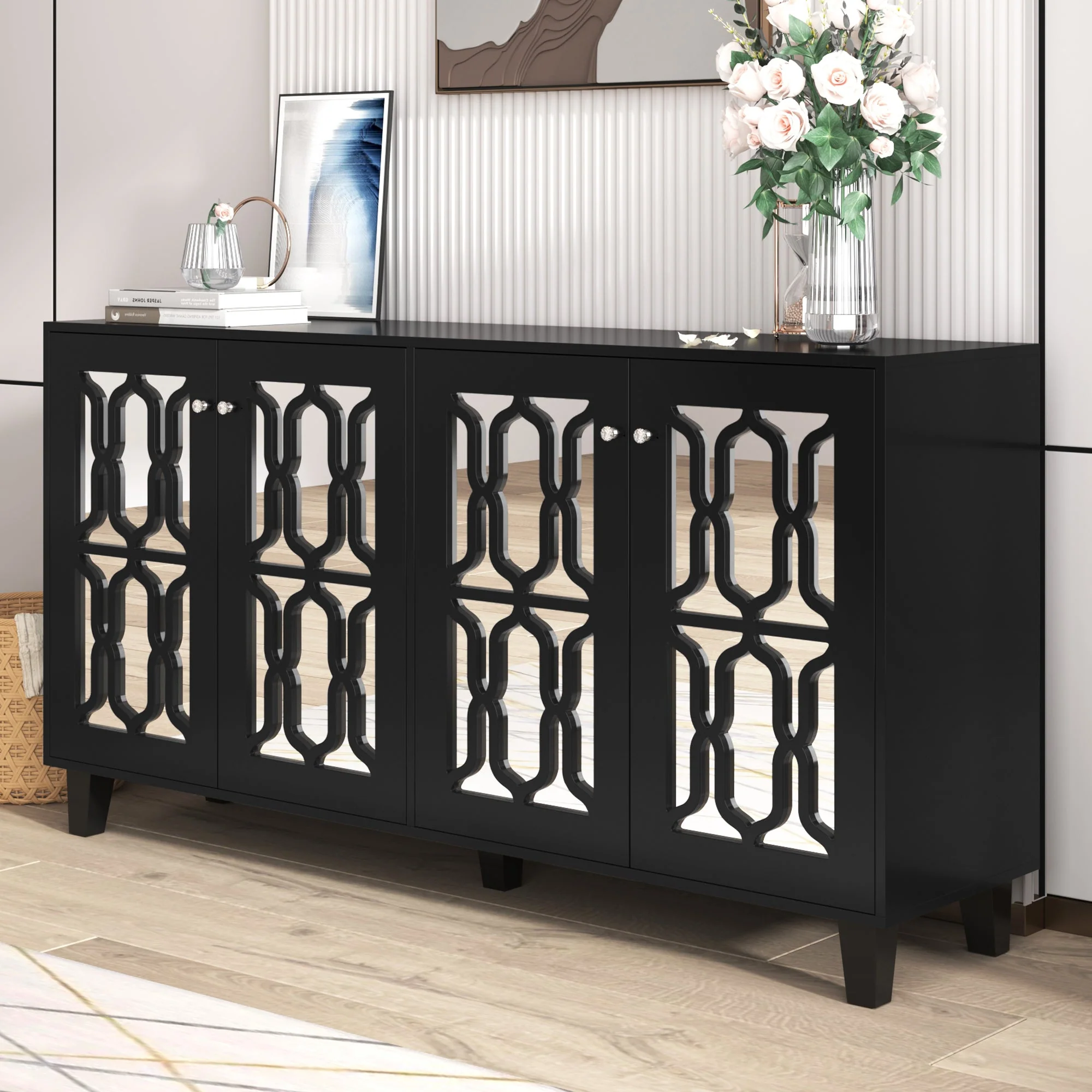 Sideboard, Mirrored with Crystal Handles, Four Doors, Black - Image 8