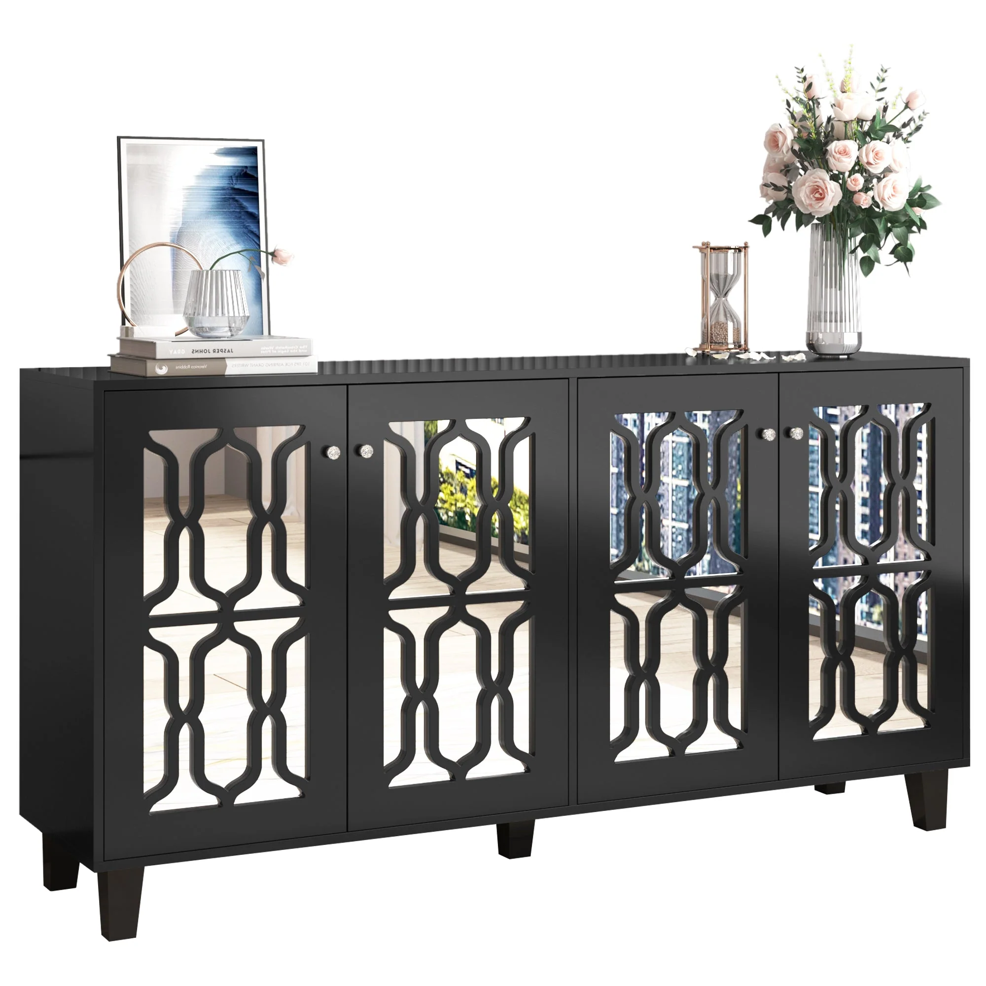 Sideboard, Mirrored with Crystal Handles, Four Doors, Black - Image 9