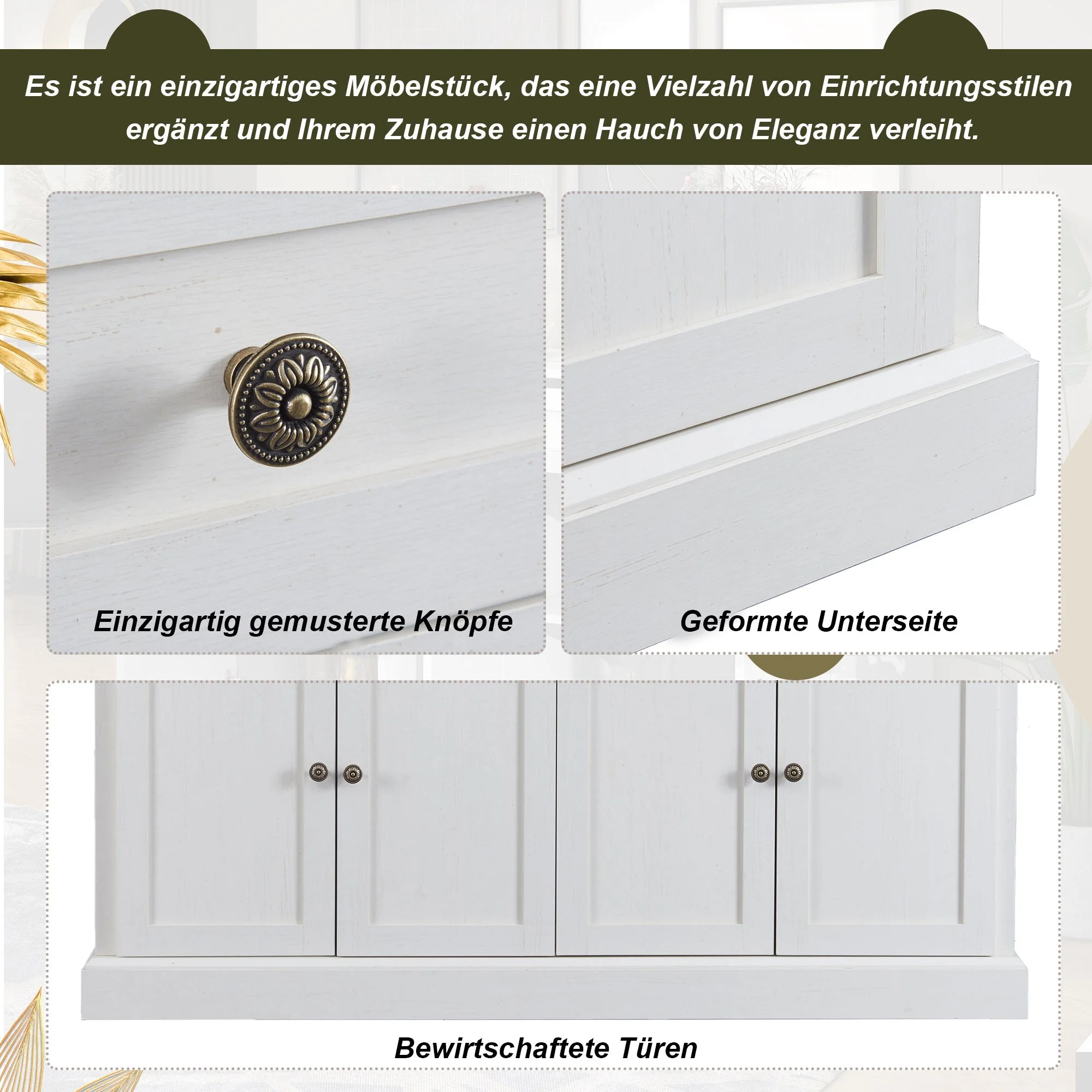Sideboard, Modern Buffet with 4 Doors & 2 Drawers, 150x40x86cm, Antique White - Image 7