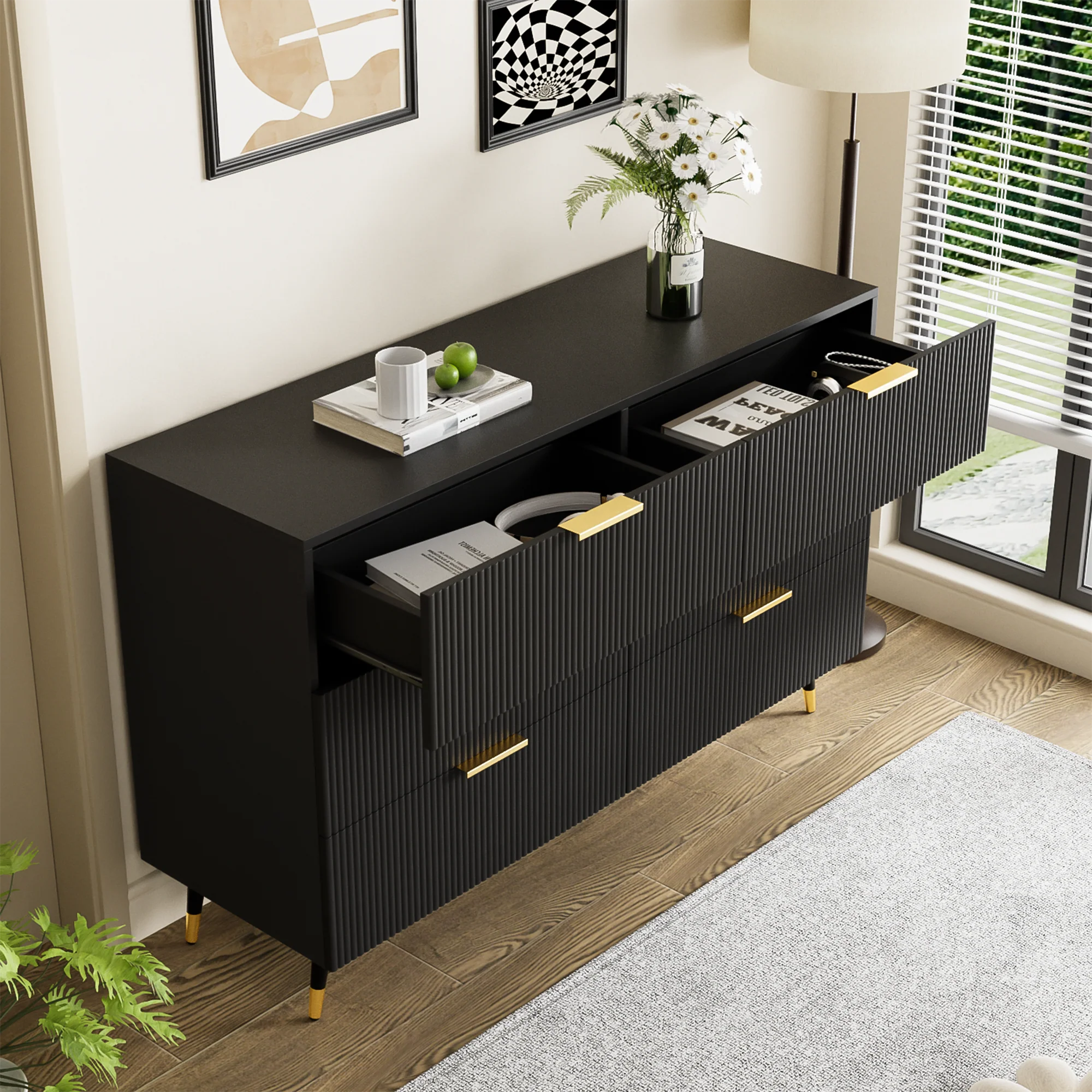 Sideboard, Modern Design Chest of Drawers, Black and Gold - Image 2