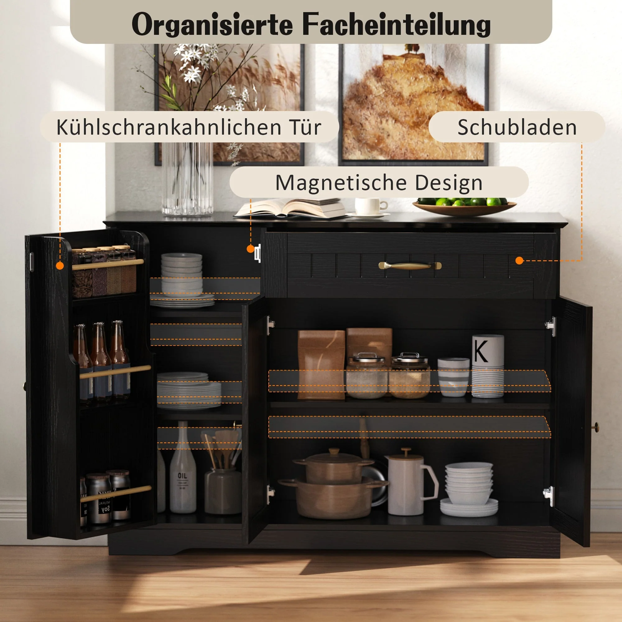Sideboard Modern Elegant 3 Doors 1 Drawer - Black - Image 6