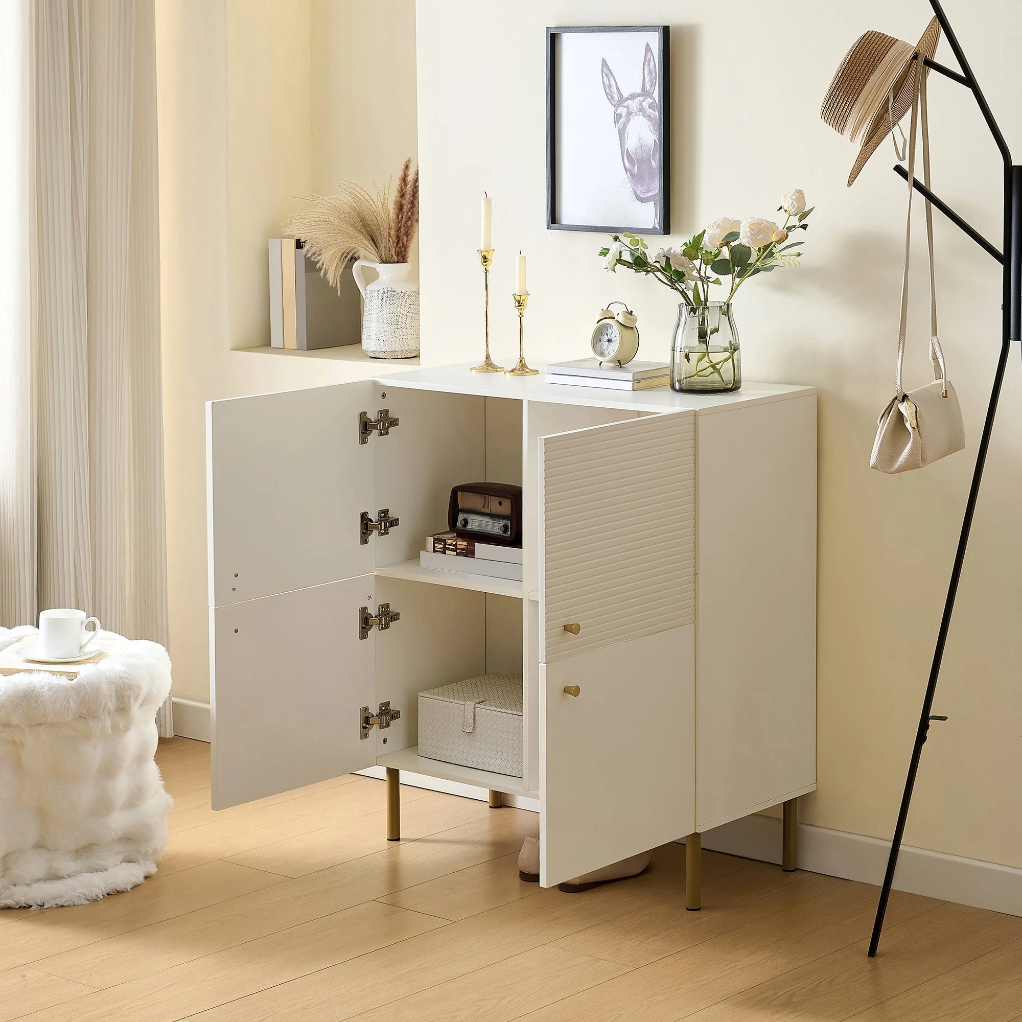 Sideboard, Modern MDF with Zinc Alloy Handles & Steel Legs, White - Image 3
