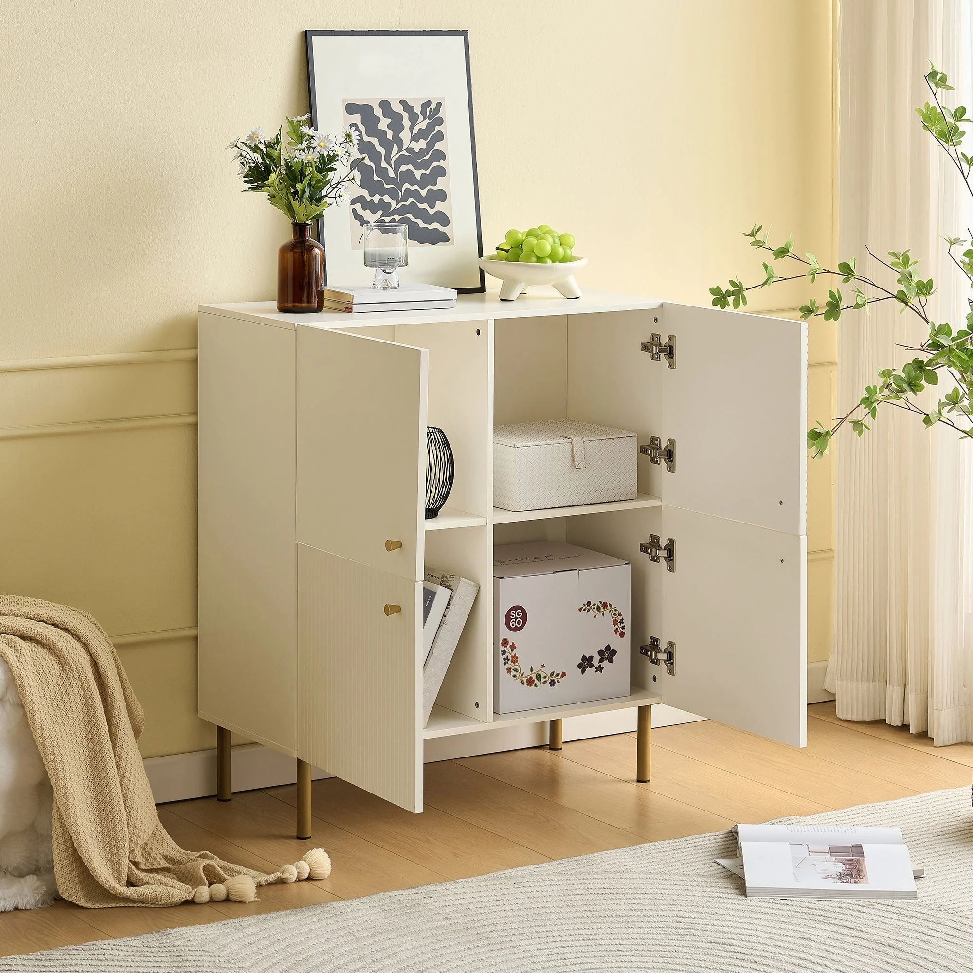 Sideboard, Modern MDF with Zinc Alloy Handles & Steel Legs, White - Image 8