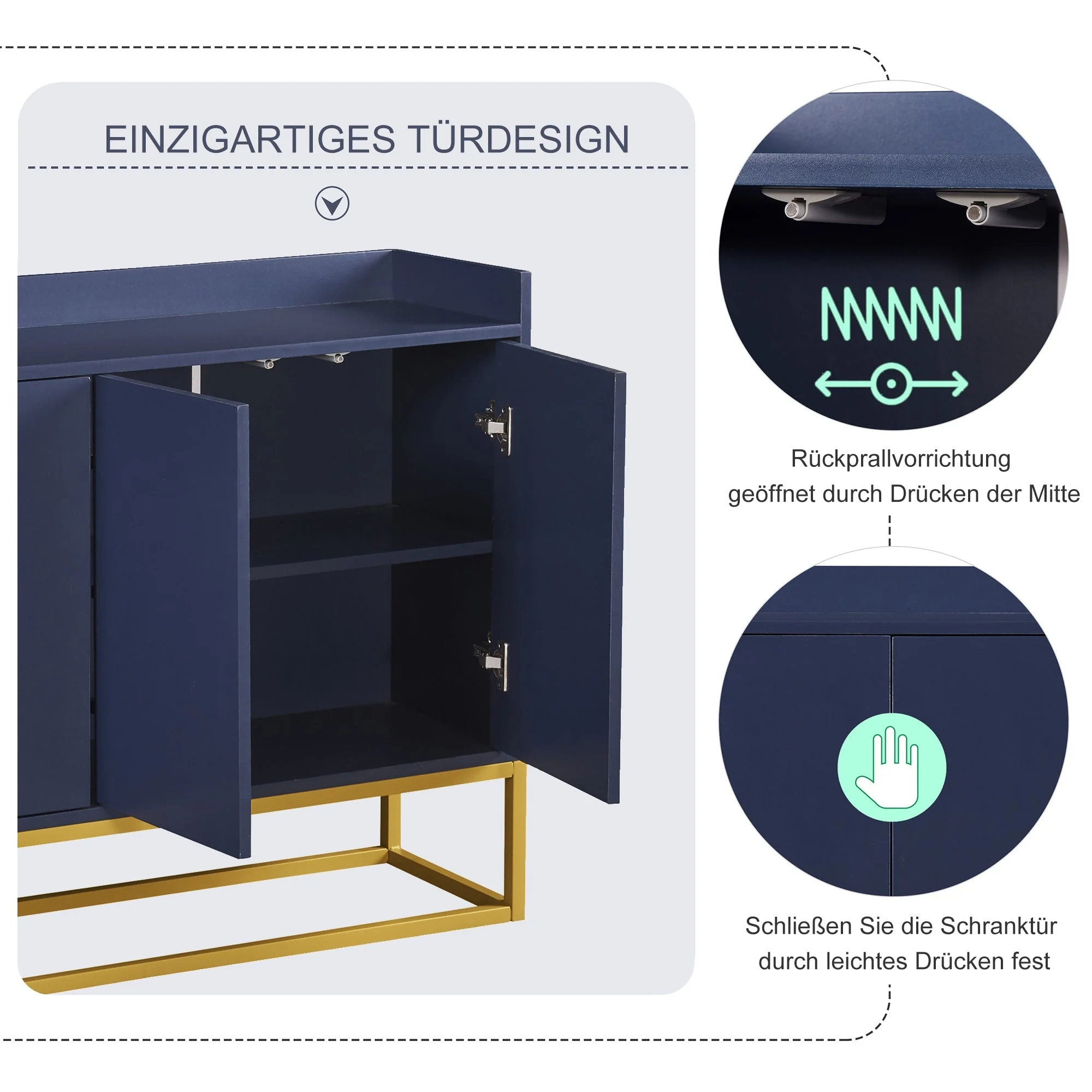 Sideboard, Modern Minimalist 4-Door Handleless Buffet, Navy Blue - Image 9