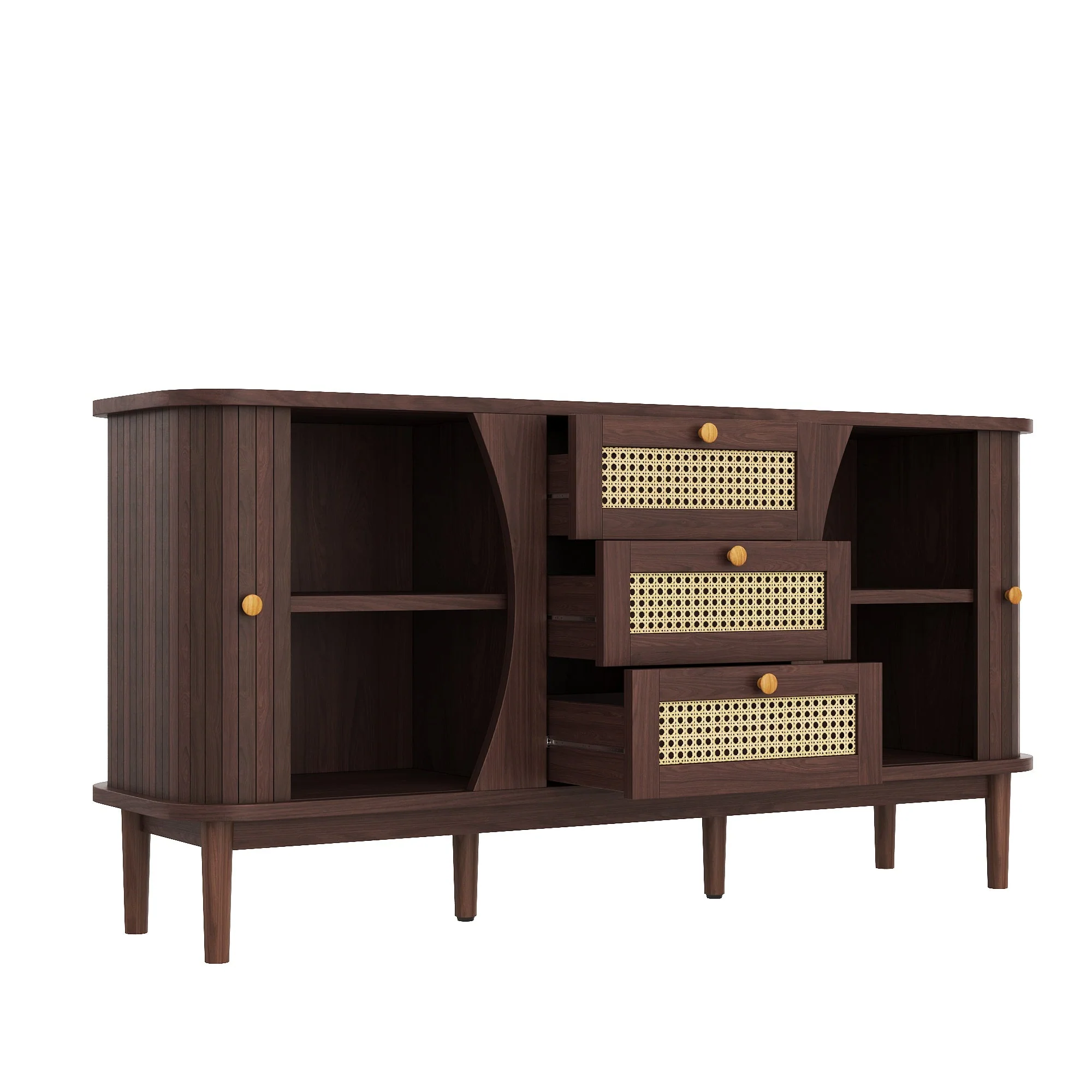 Sideboard, Rattan Drawers with Sliding Doors & Adjustable Shelves, Wood Color - Image 10