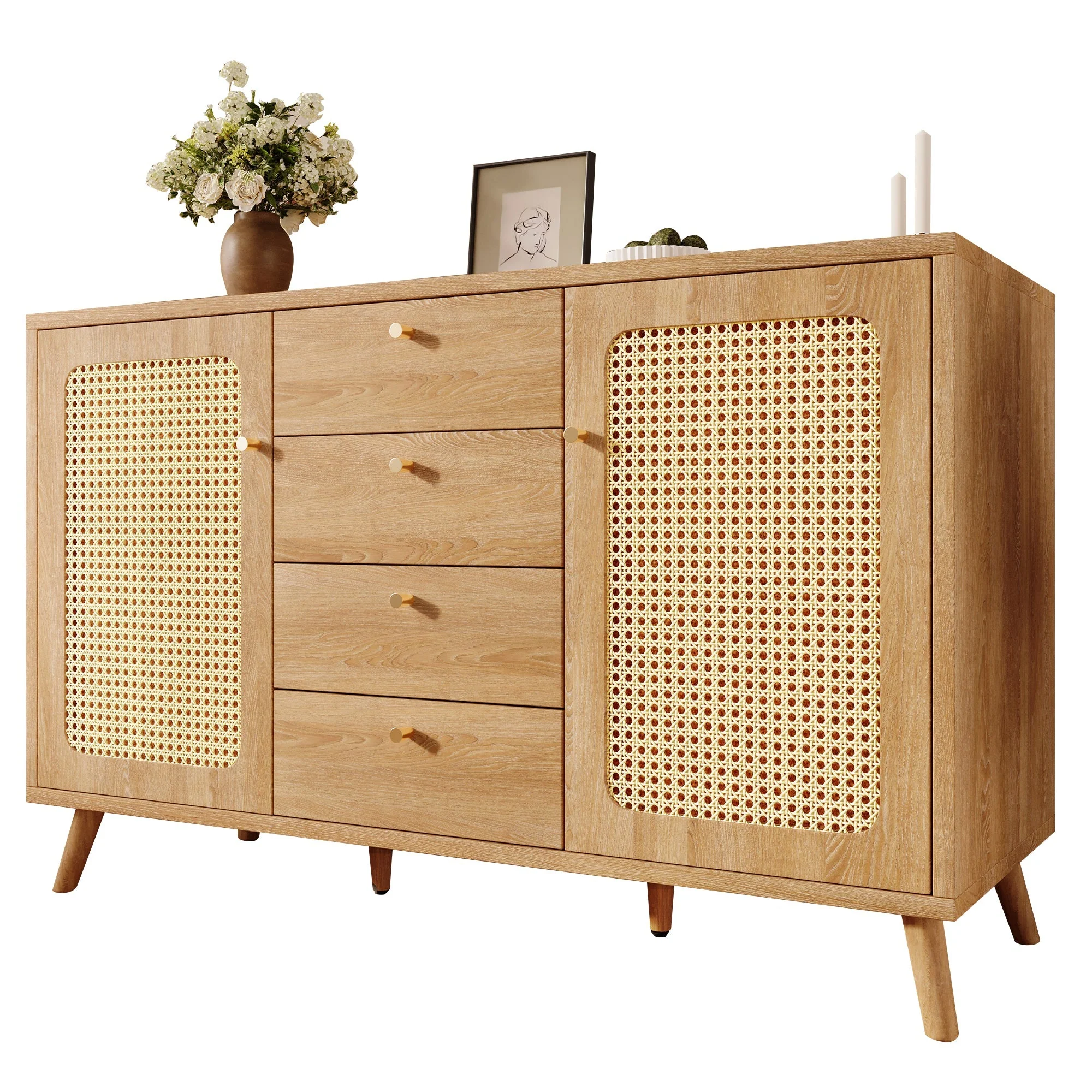 Sideboard Rattan Look Storage Cabinet 4 Drawers 2 Doors - Light Oak - Image 4