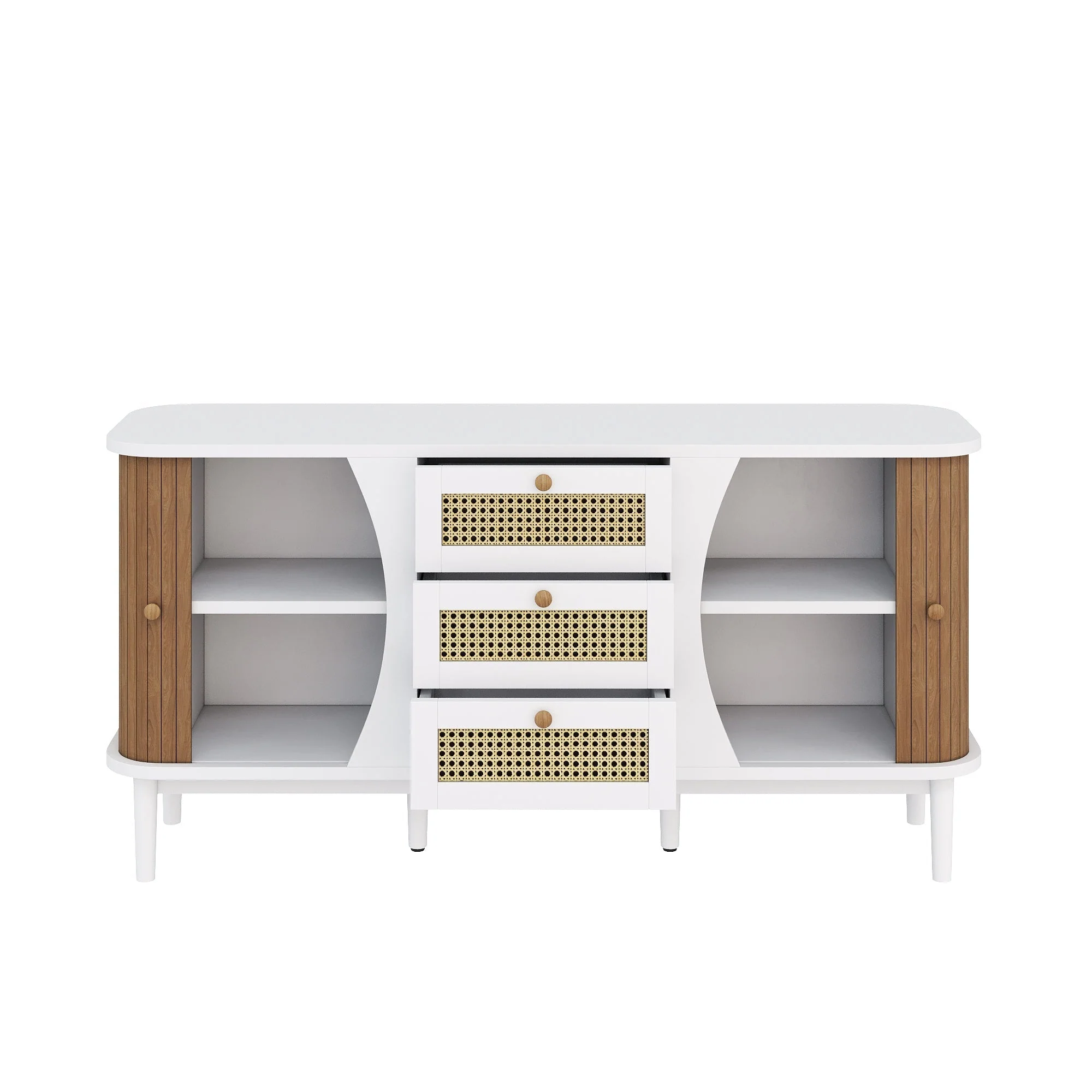 Sideboard, Rattan Sliding Door Chest, Adjustable Shelves, White and Wood - Image 5