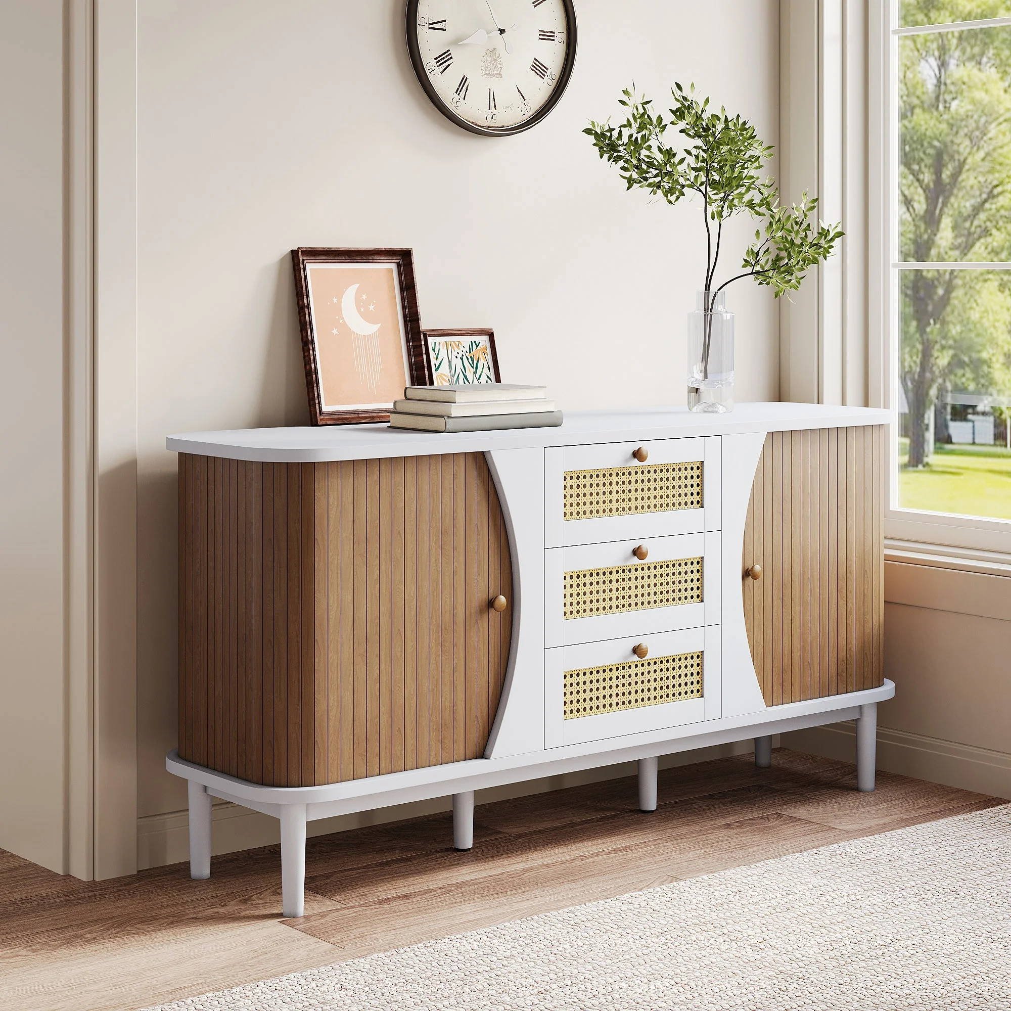 Sideboard Rattan Sliding Doors Adjustable Shelves - Curved Top - Image 5