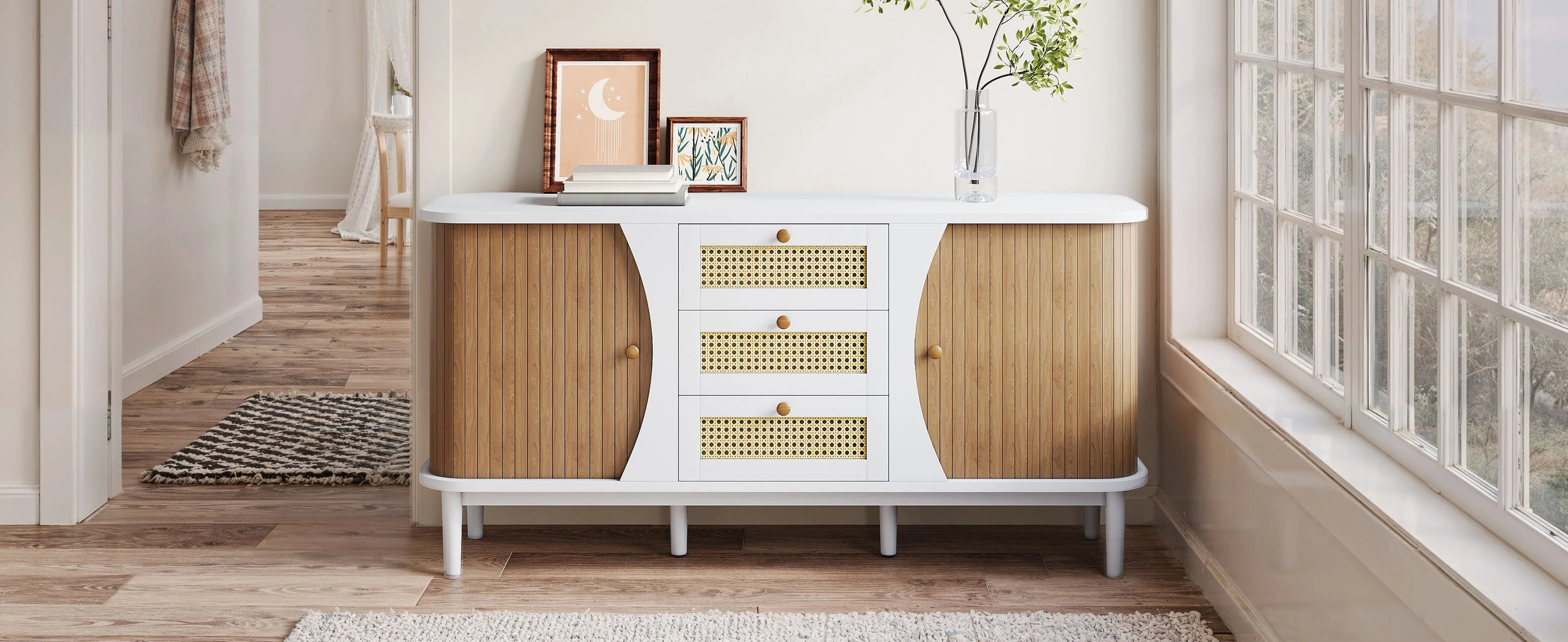 Sideboard Rattan Sliding Doors Adjustable Shelves - Curved Top - Image 6