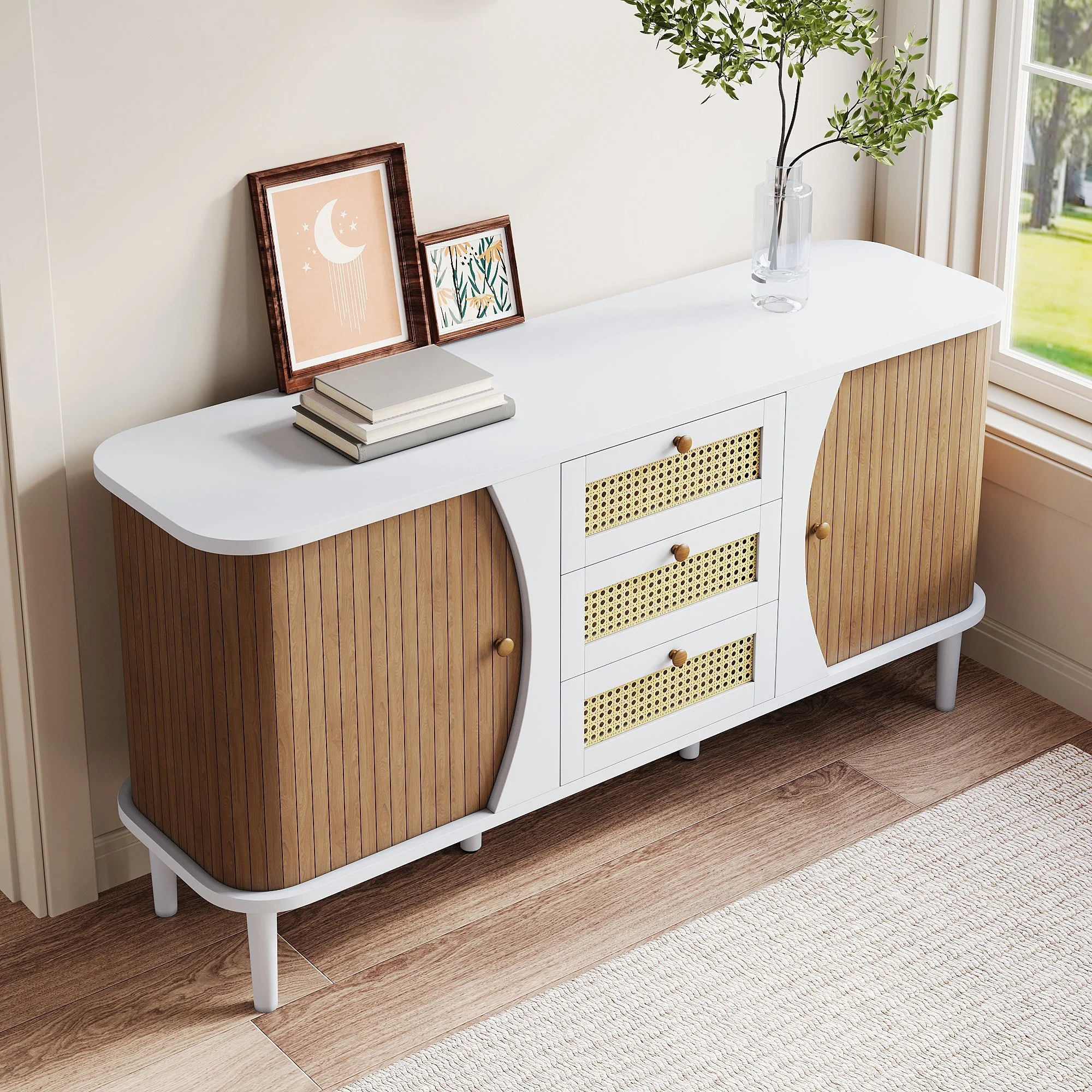 Sideboard Rattan Sliding Doors Adjustable Shelves - Curved Top - Image 8